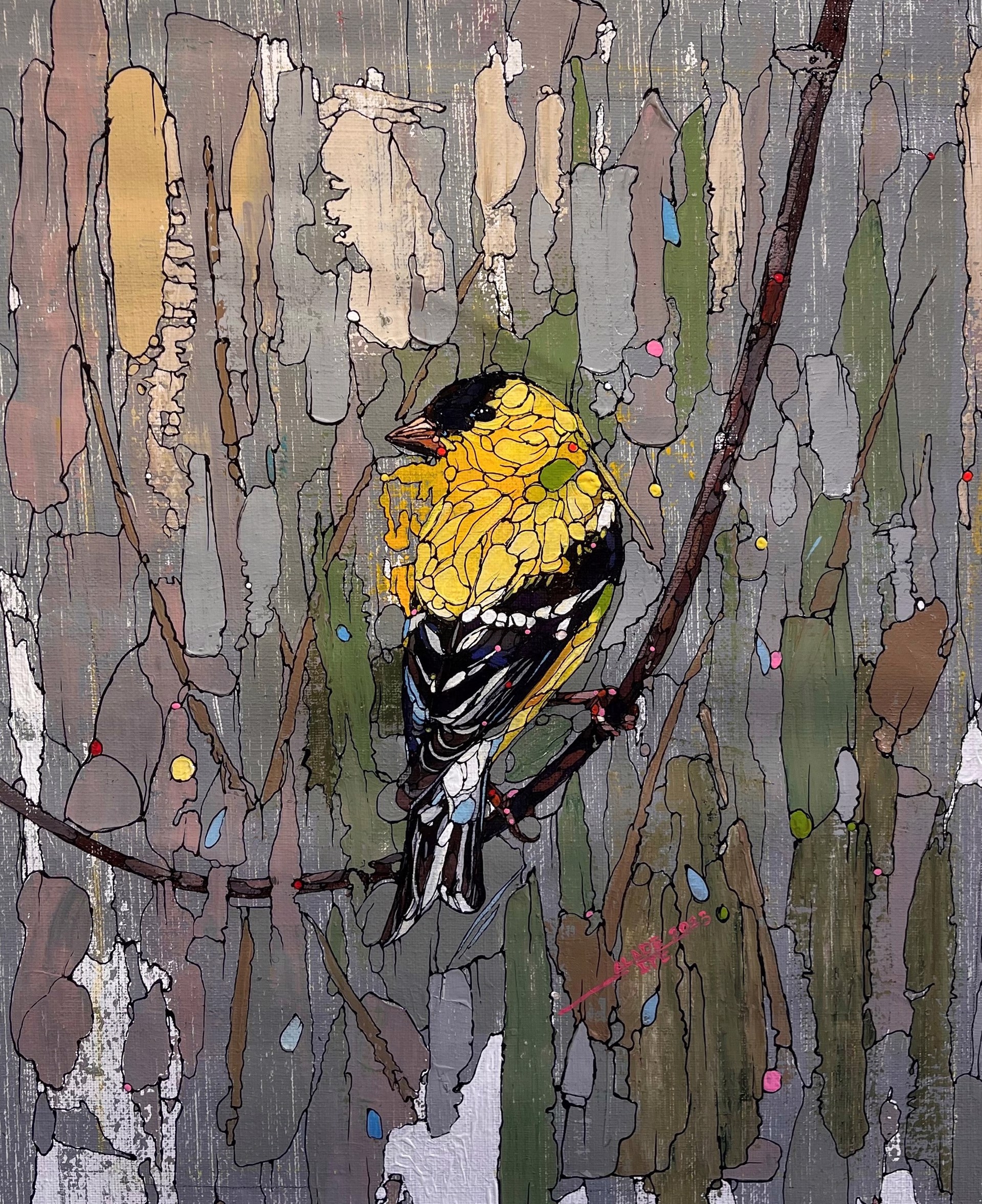 A colorful bird perched on a branch against a textured, abstract background.