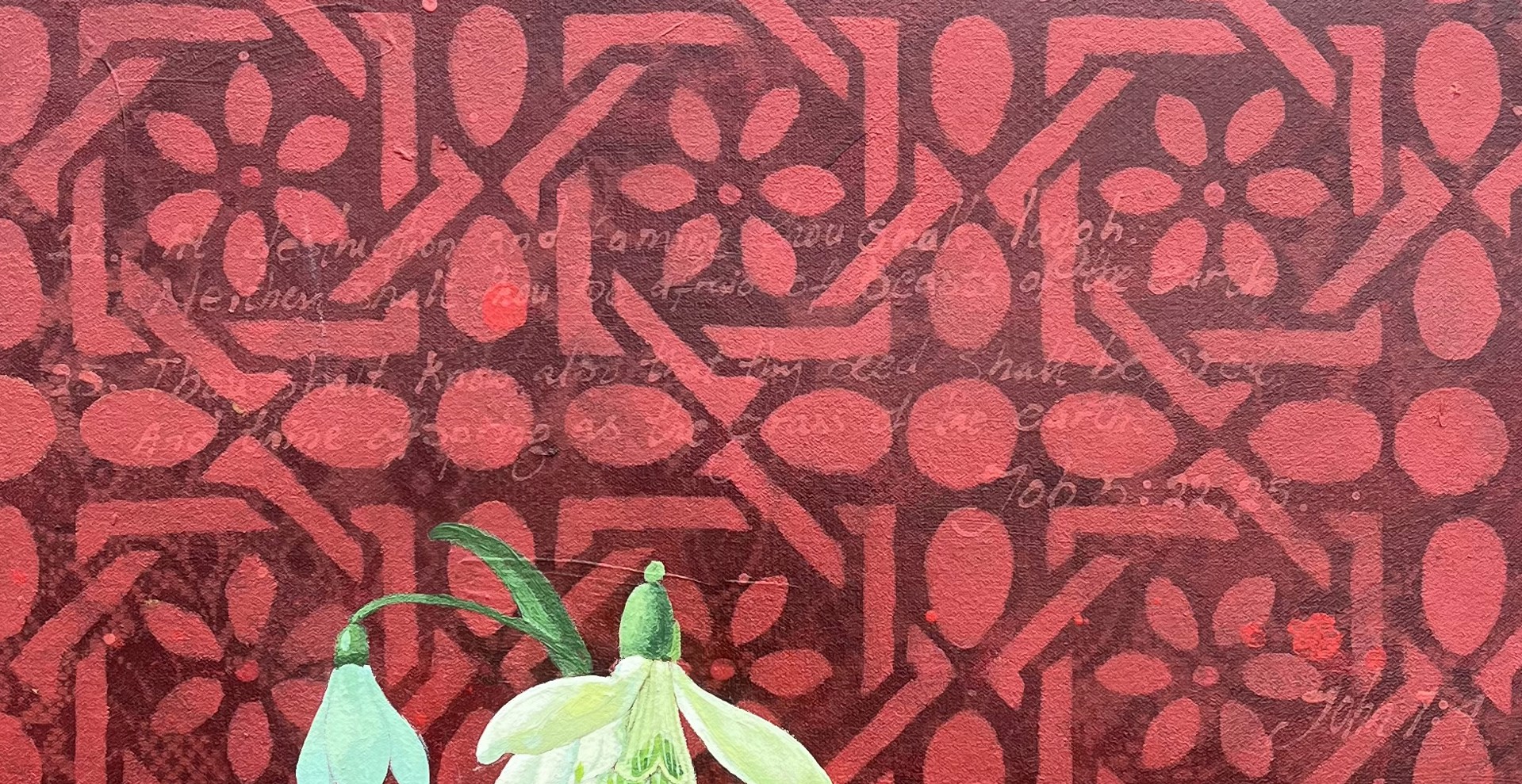 A painting of snowdrops and butterflies on a red background.
