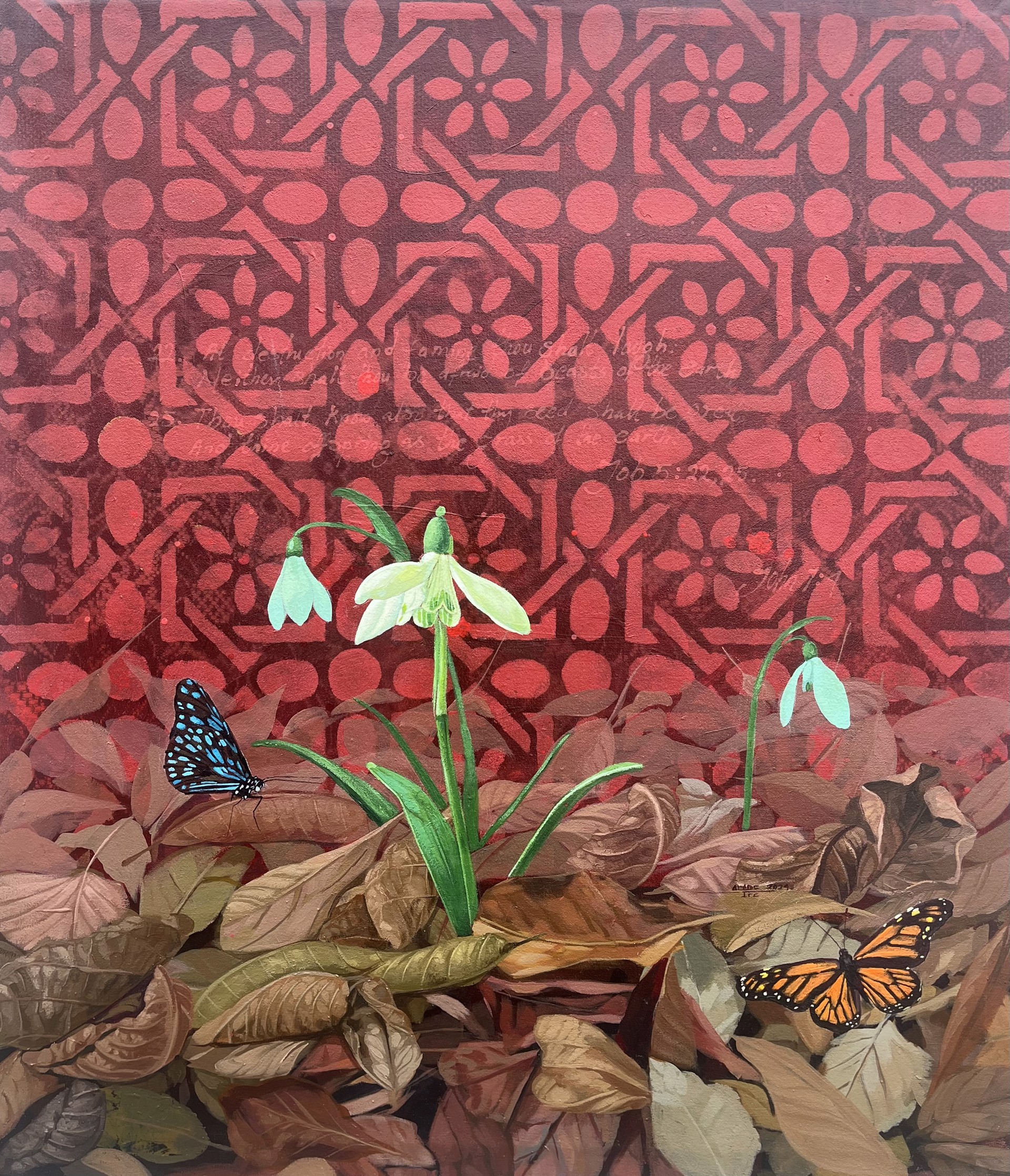 A painting of snowdrops and butterflies on a red background.