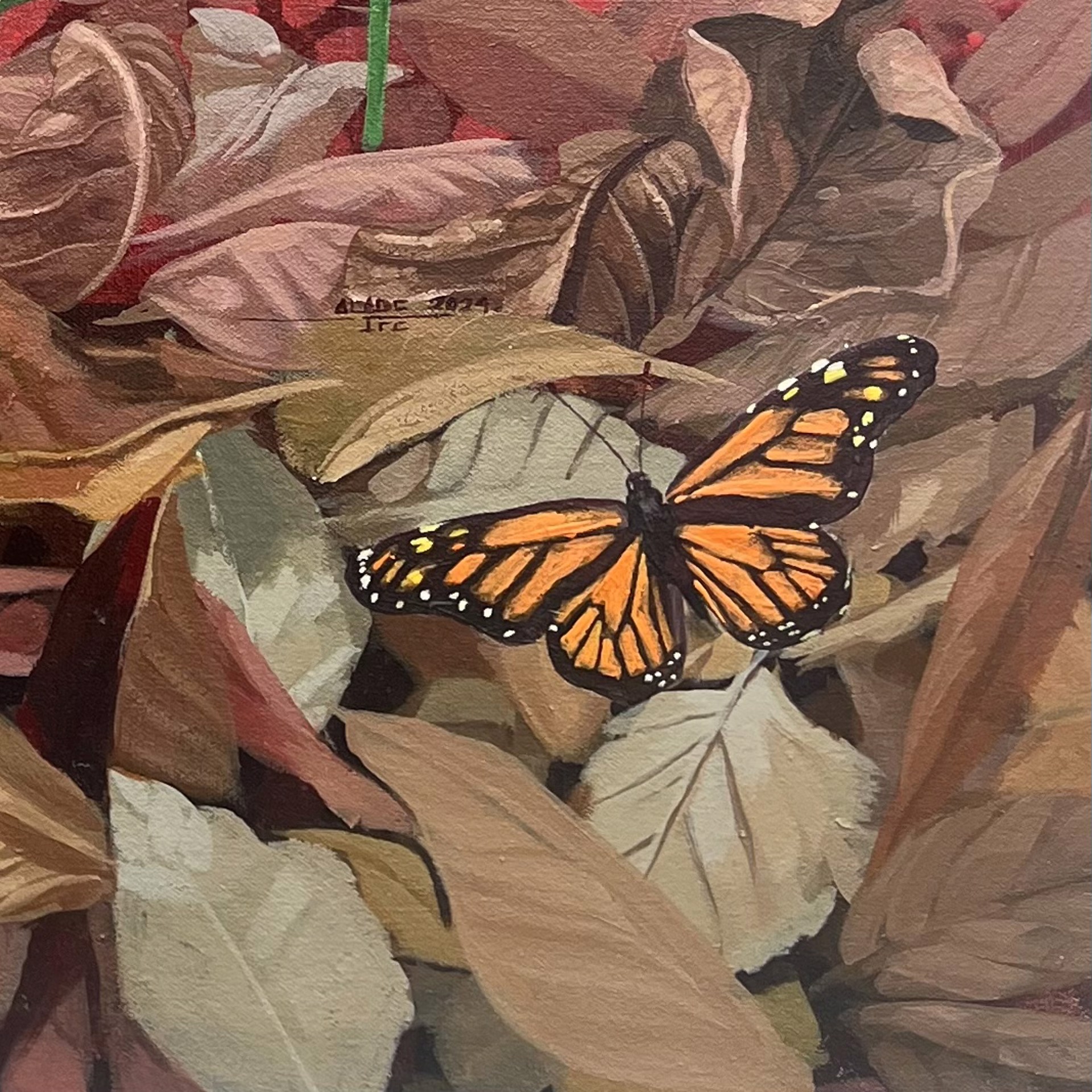 A painting of snowdrops and butterflies on a red background.