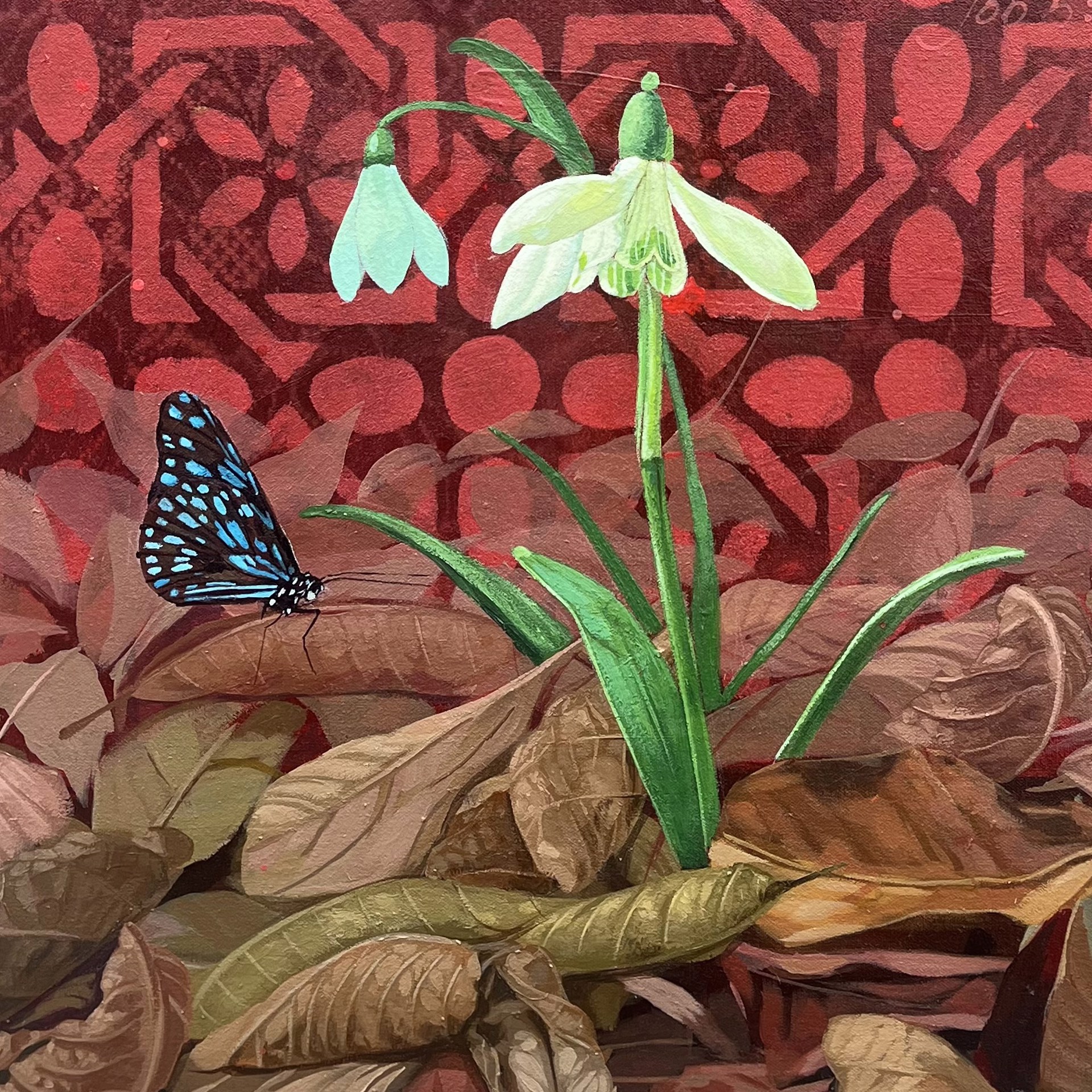 A painting of snowdrops and butterflies on a red background.