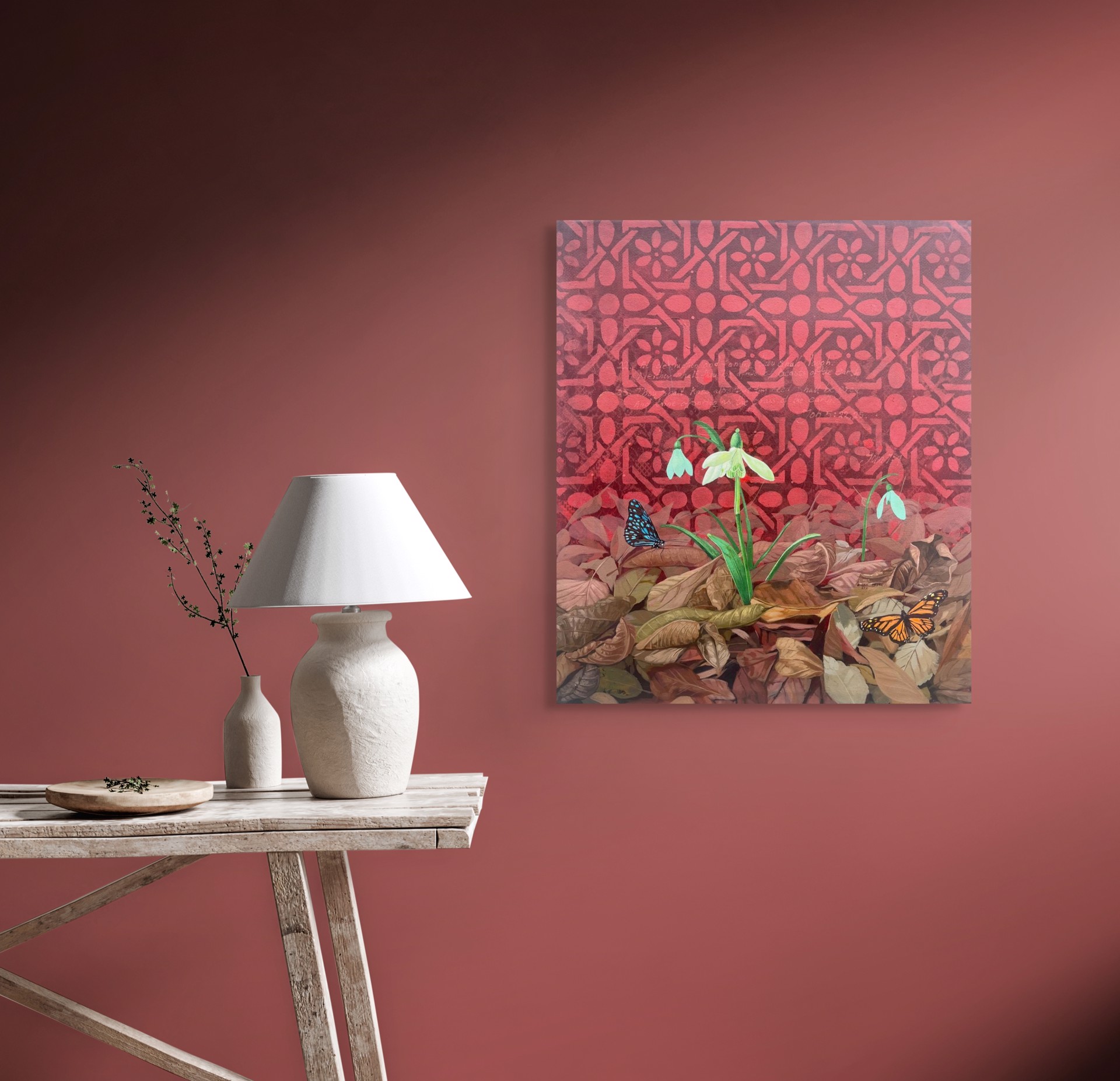 A painting of snowdrops and butterflies on a red background.