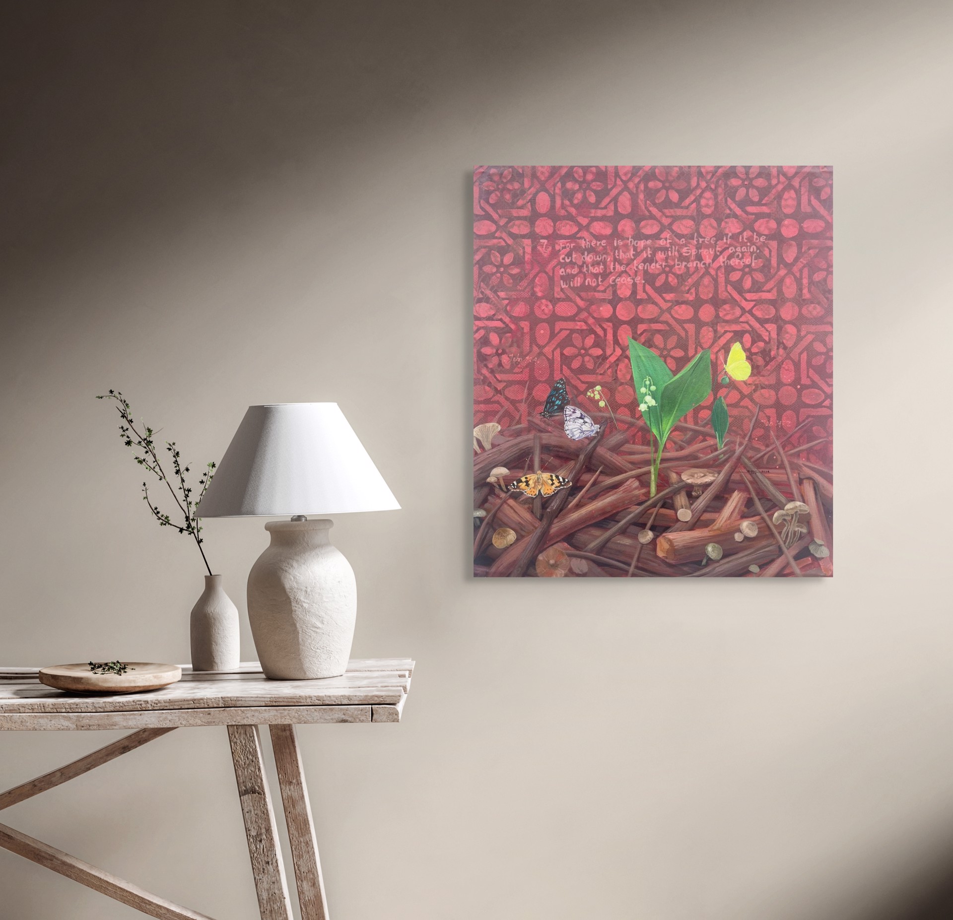 A painting of a plant with butterflies and mushrooms on it.