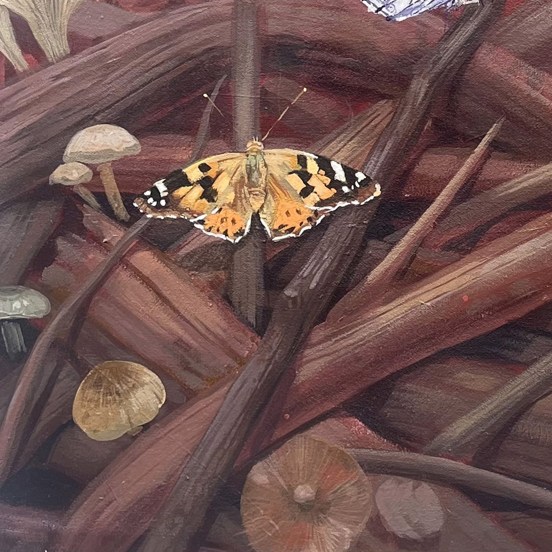 A painting of a plant with butterflies and mushrooms on it.