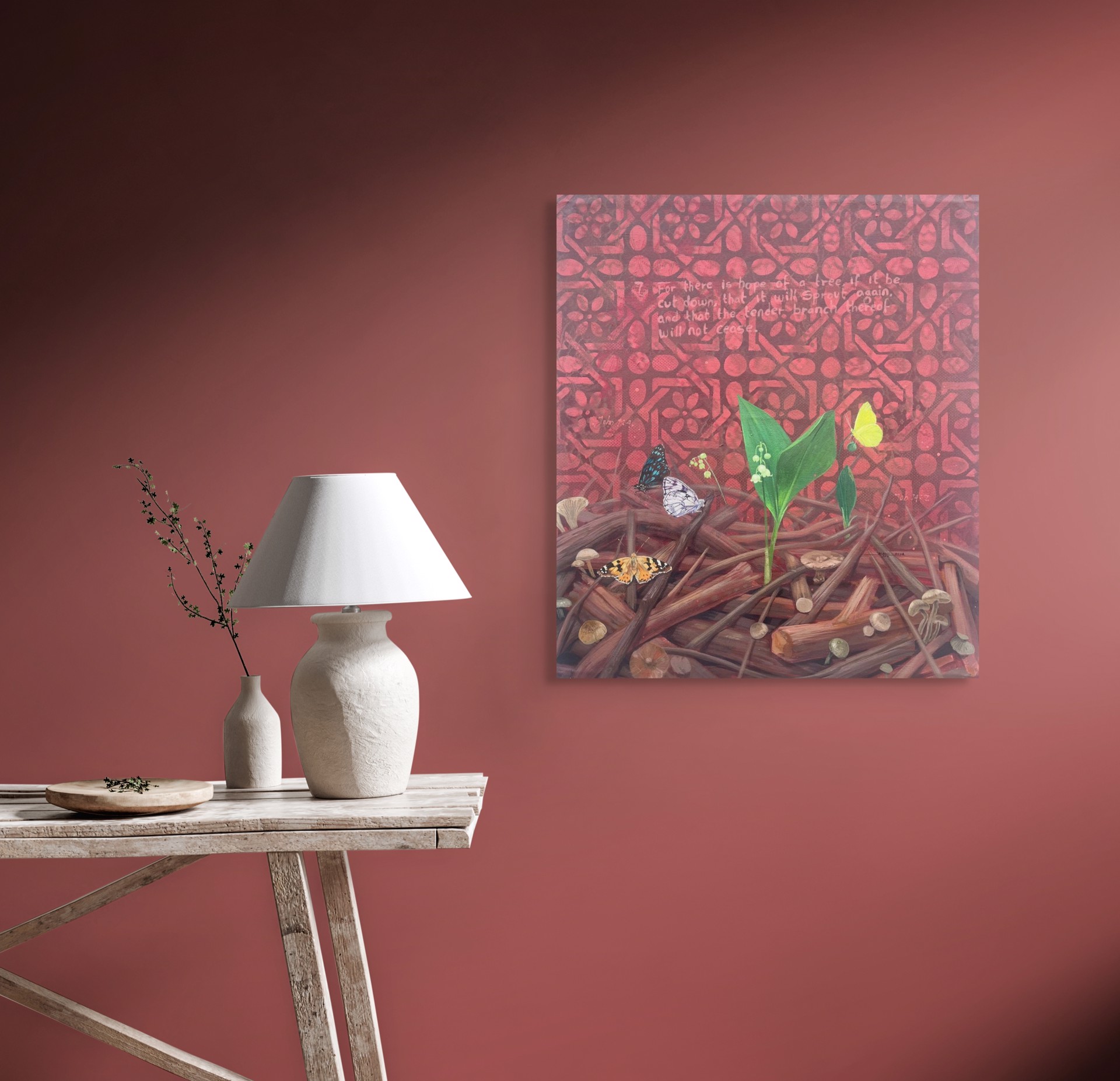 A painting of a plant with butterflies and mushrooms on it.