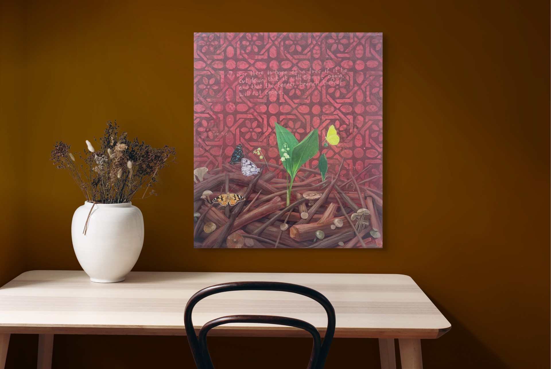 A painting of a plant with butterflies and mushrooms on it.