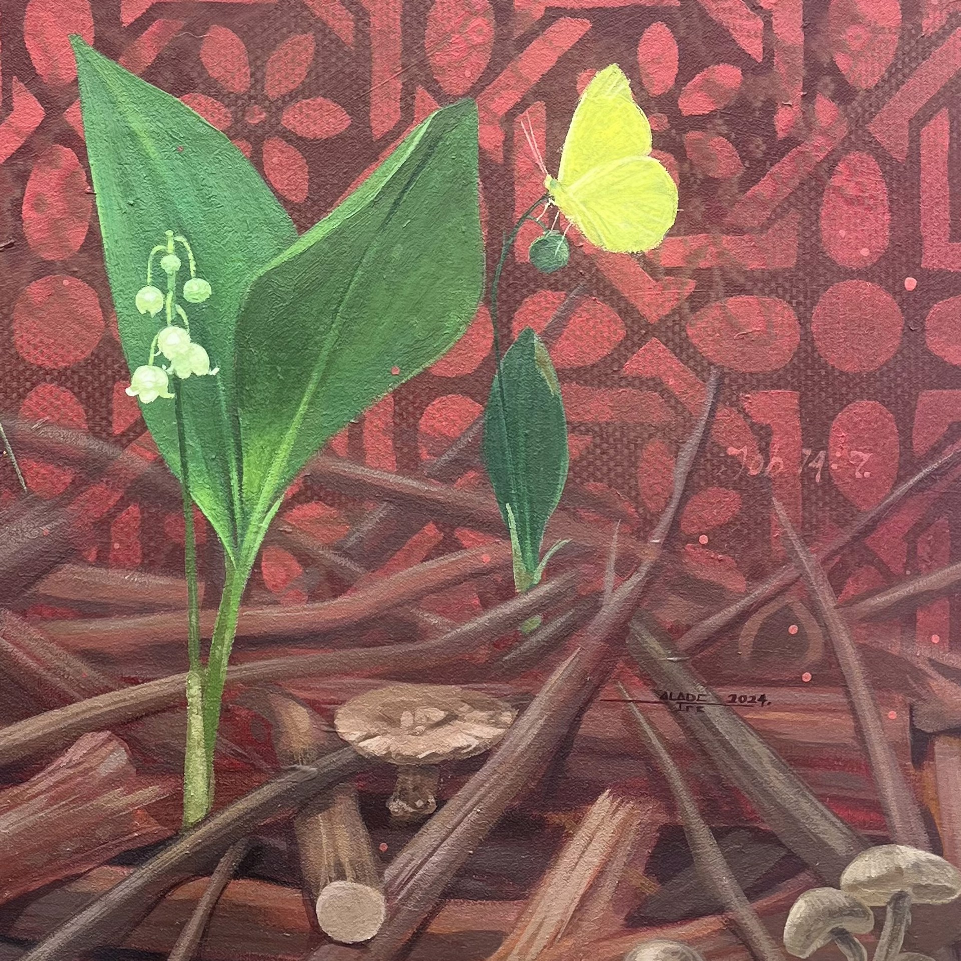 A painting of a plant with butterflies and mushrooms on it.