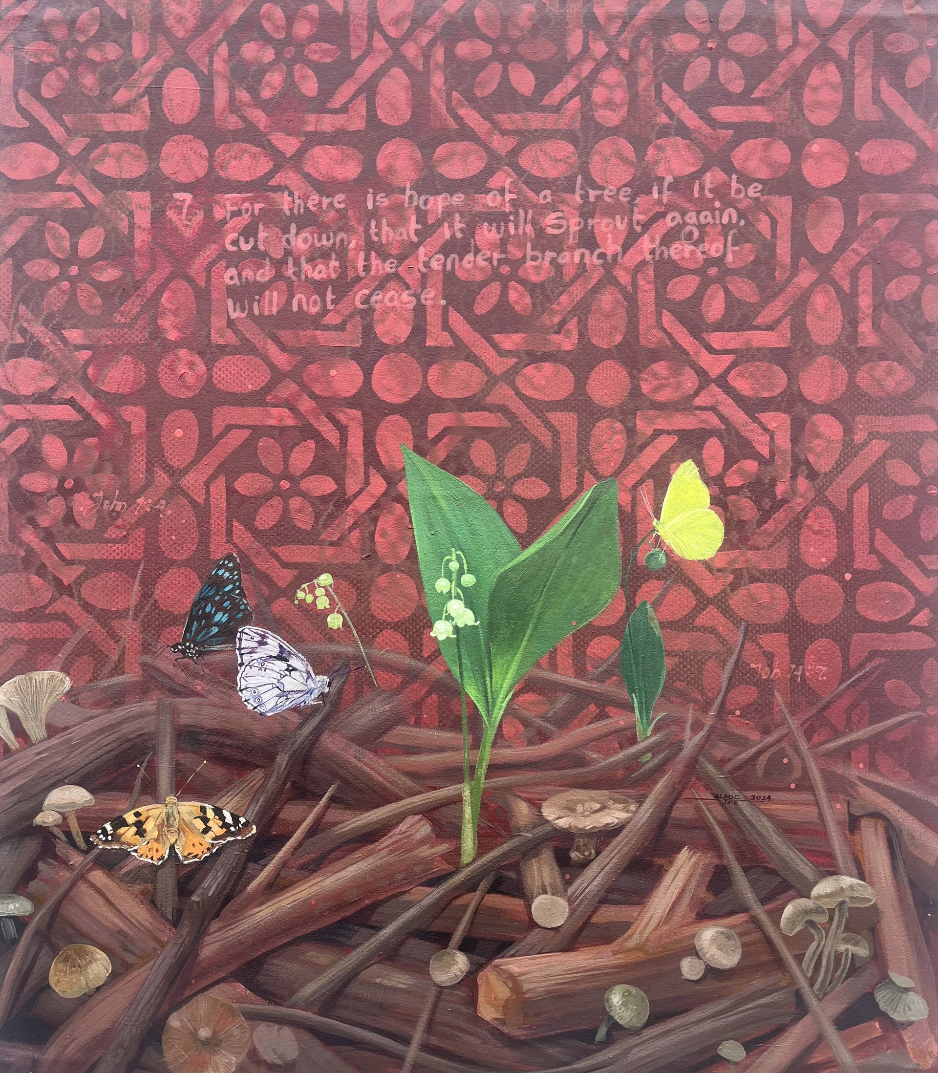 A painting of a plant with butterflies and mushrooms on it.