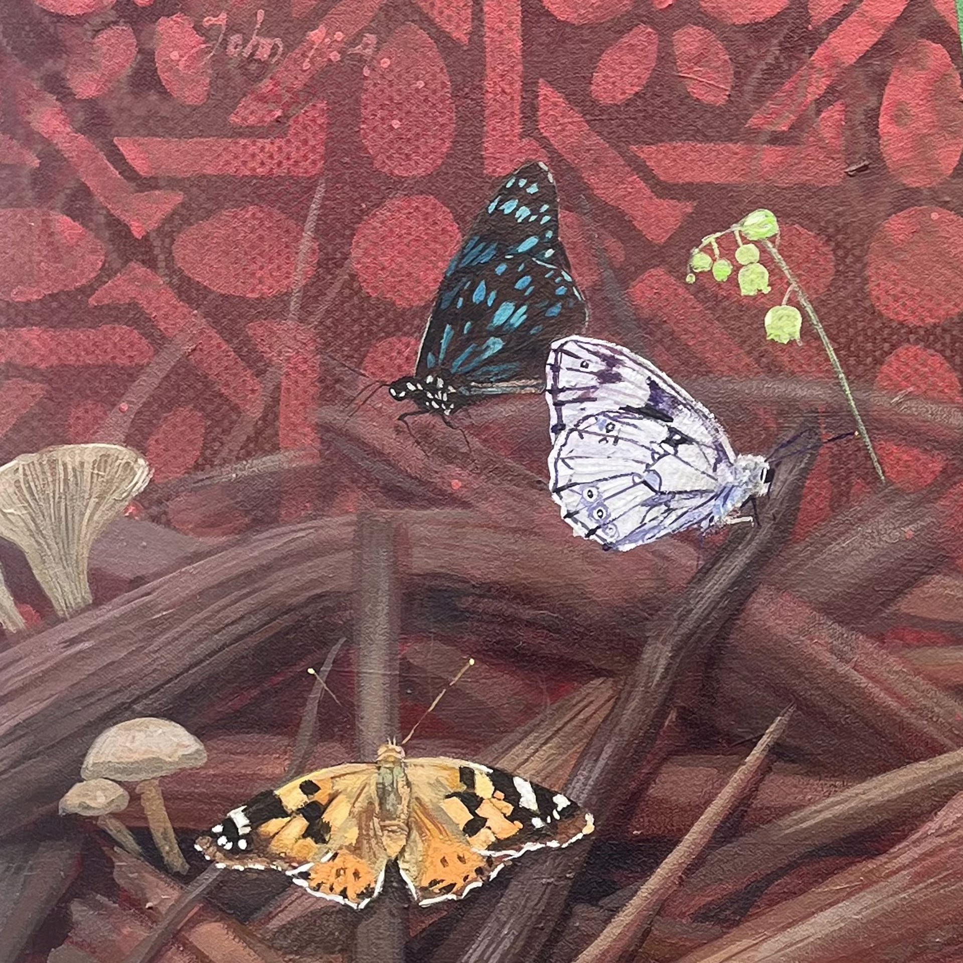 A painting of a plant with butterflies and mushrooms on it.