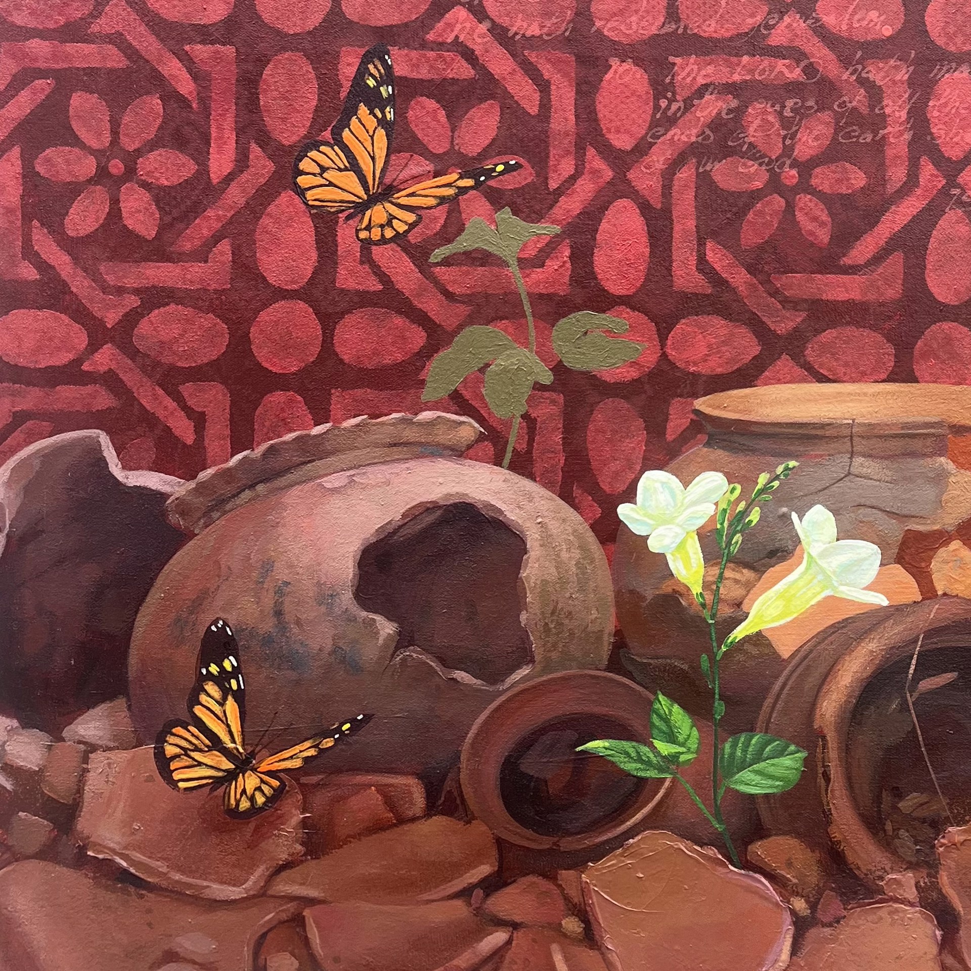 A painting of pots and flowers on a red background.