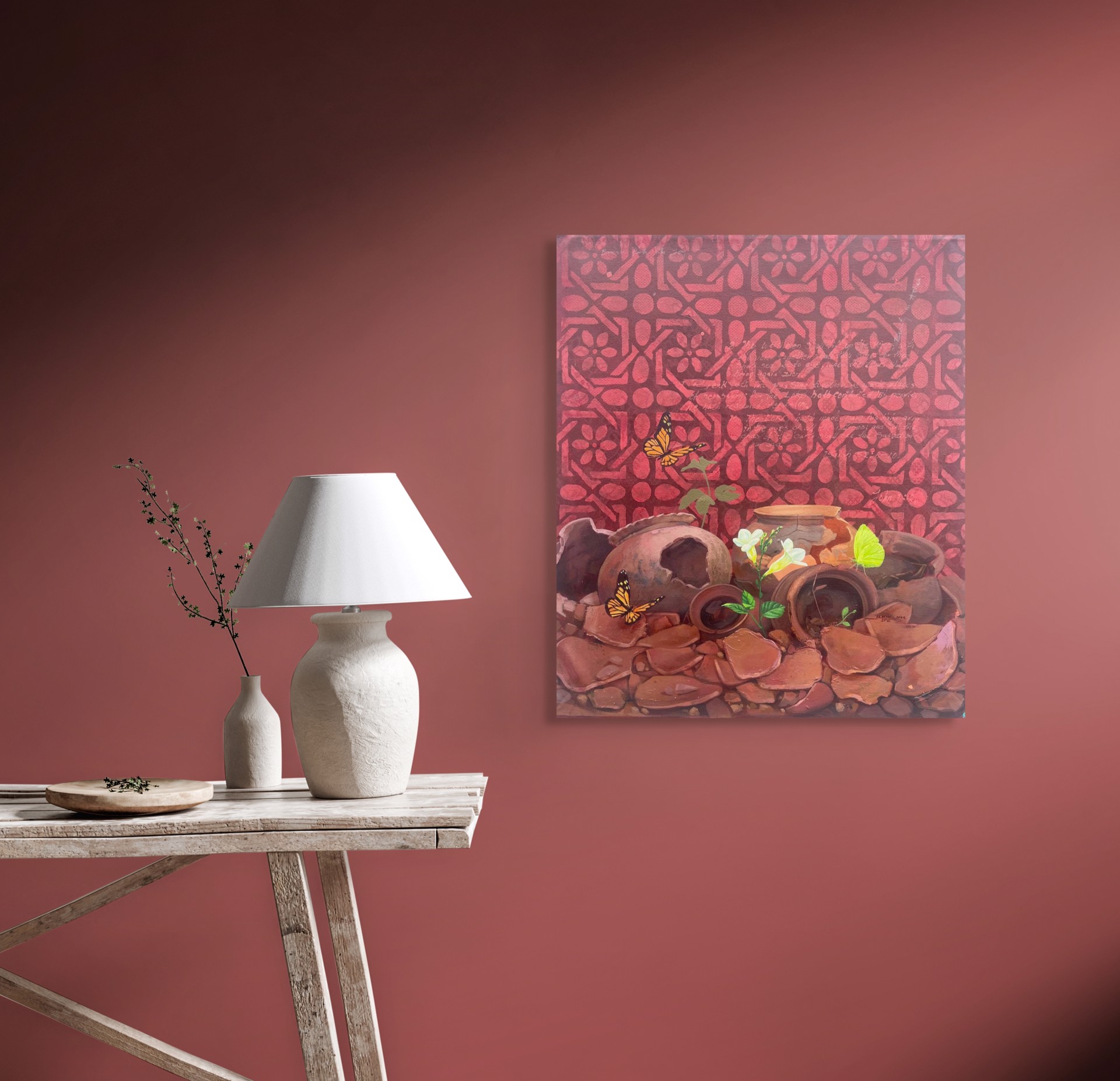 A painting of pots and flowers on a red background.