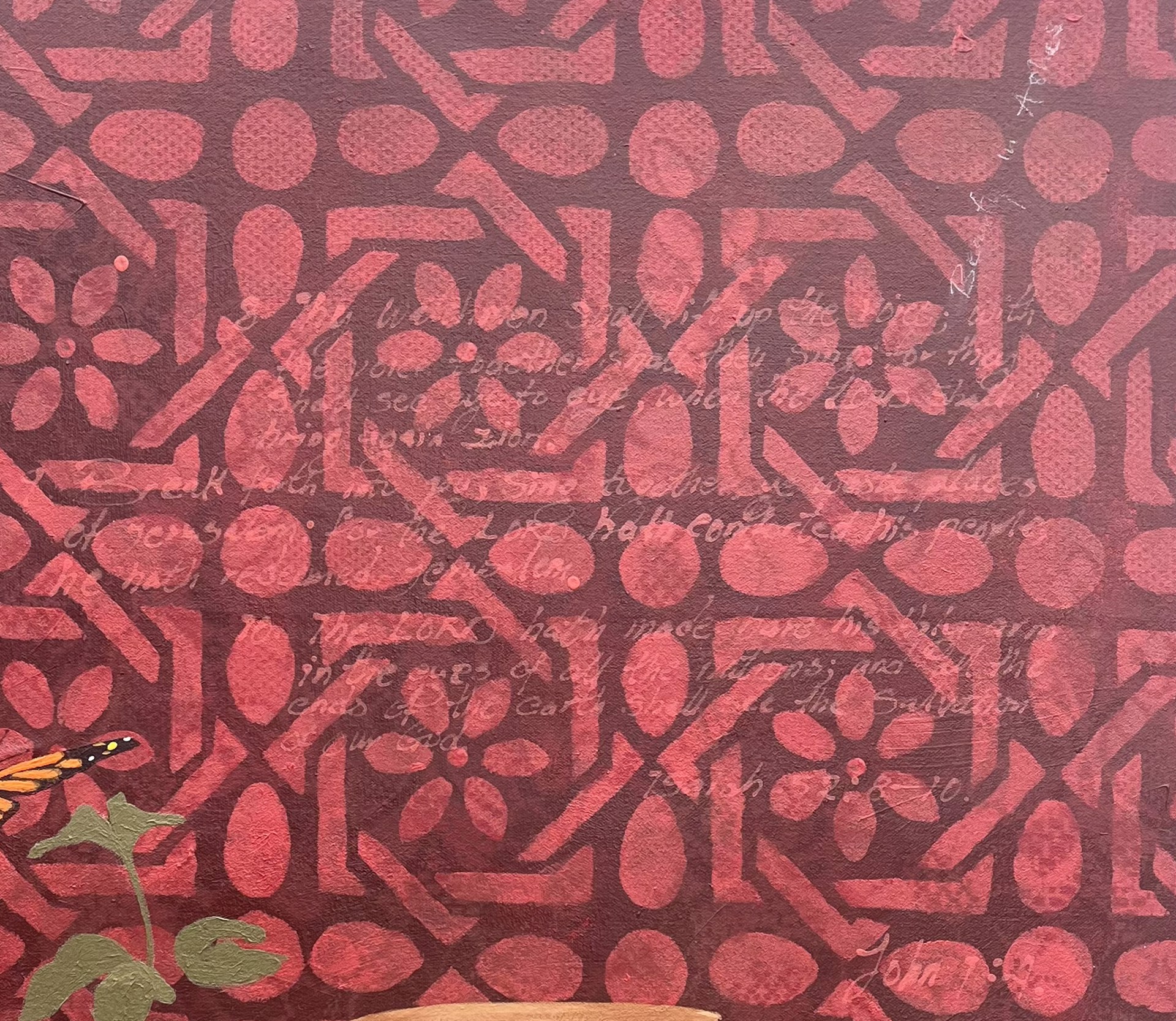 A painting of pots and flowers on a red background.