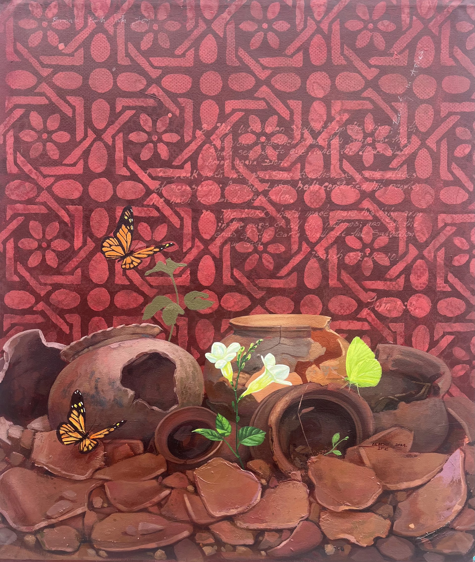 A painting of pots and flowers on a red background.
