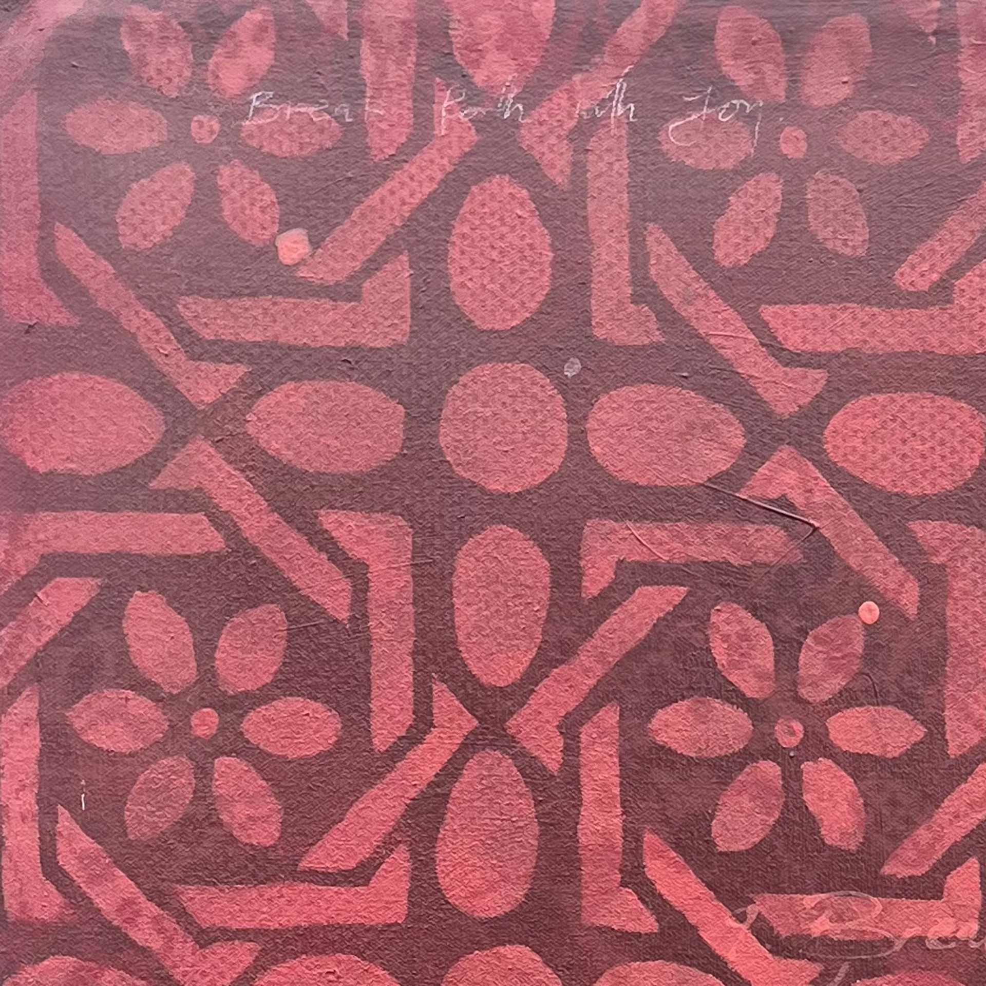 A painting of pots and flowers on a red background.