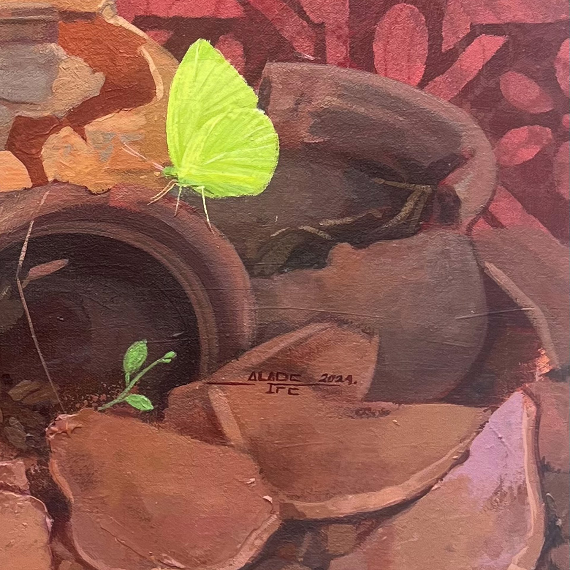 A painting of pots and flowers on a red background.