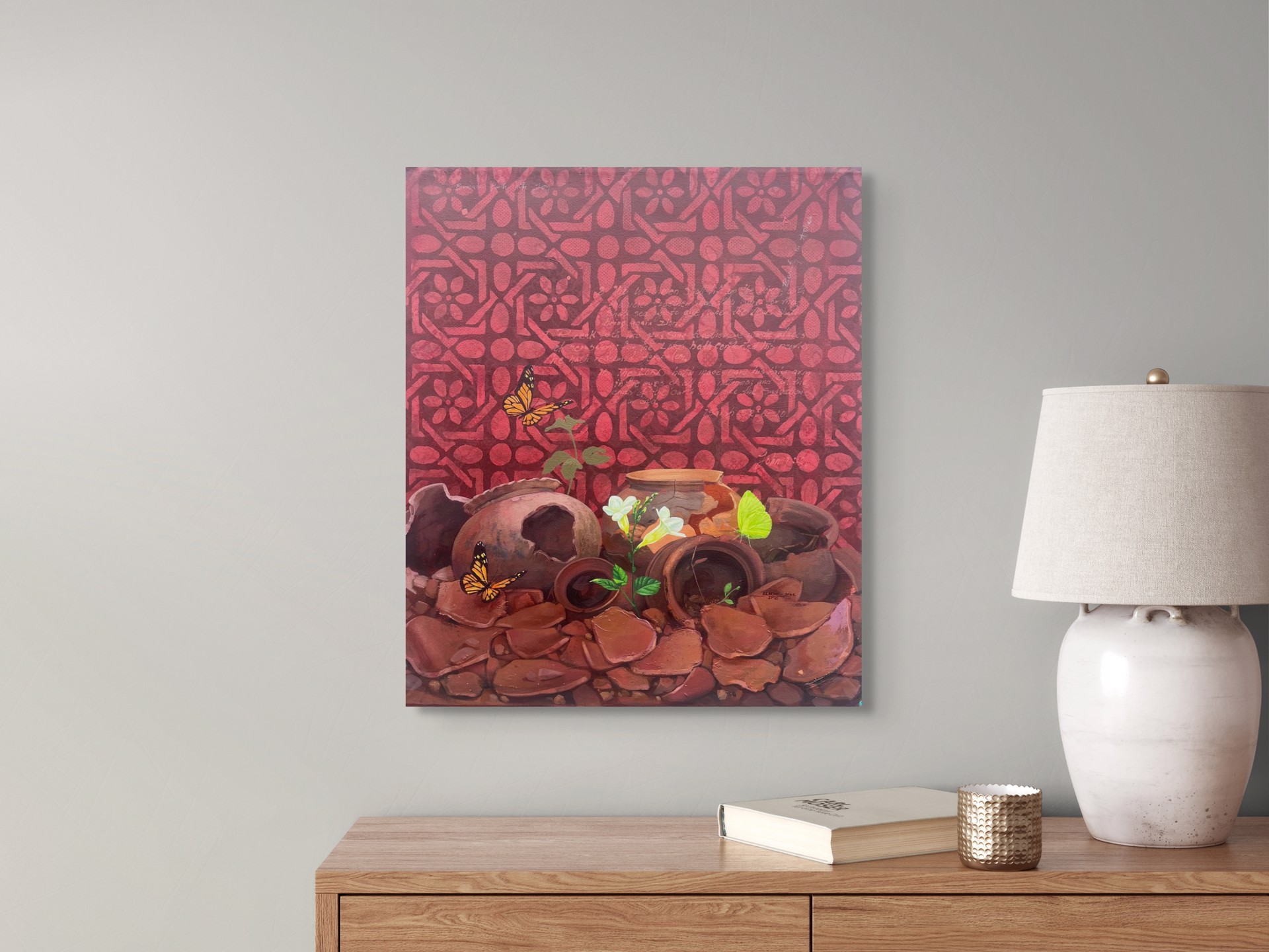 A painting of pots and flowers on a red background.
