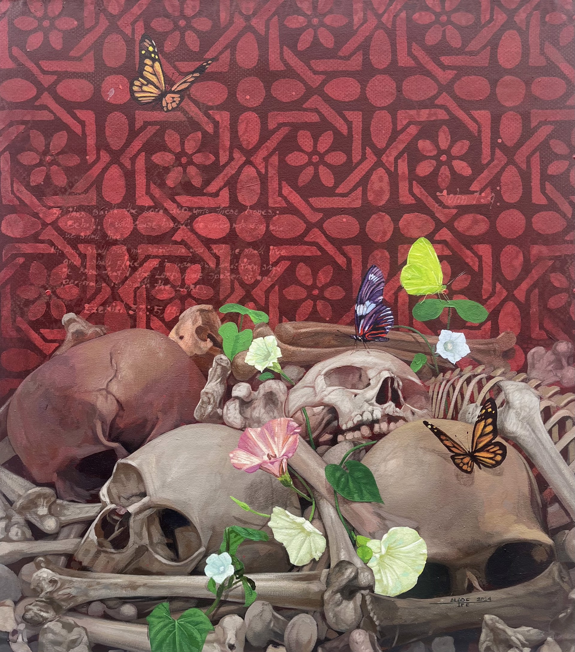 A painting of skulls and flowers with butterflies on them.