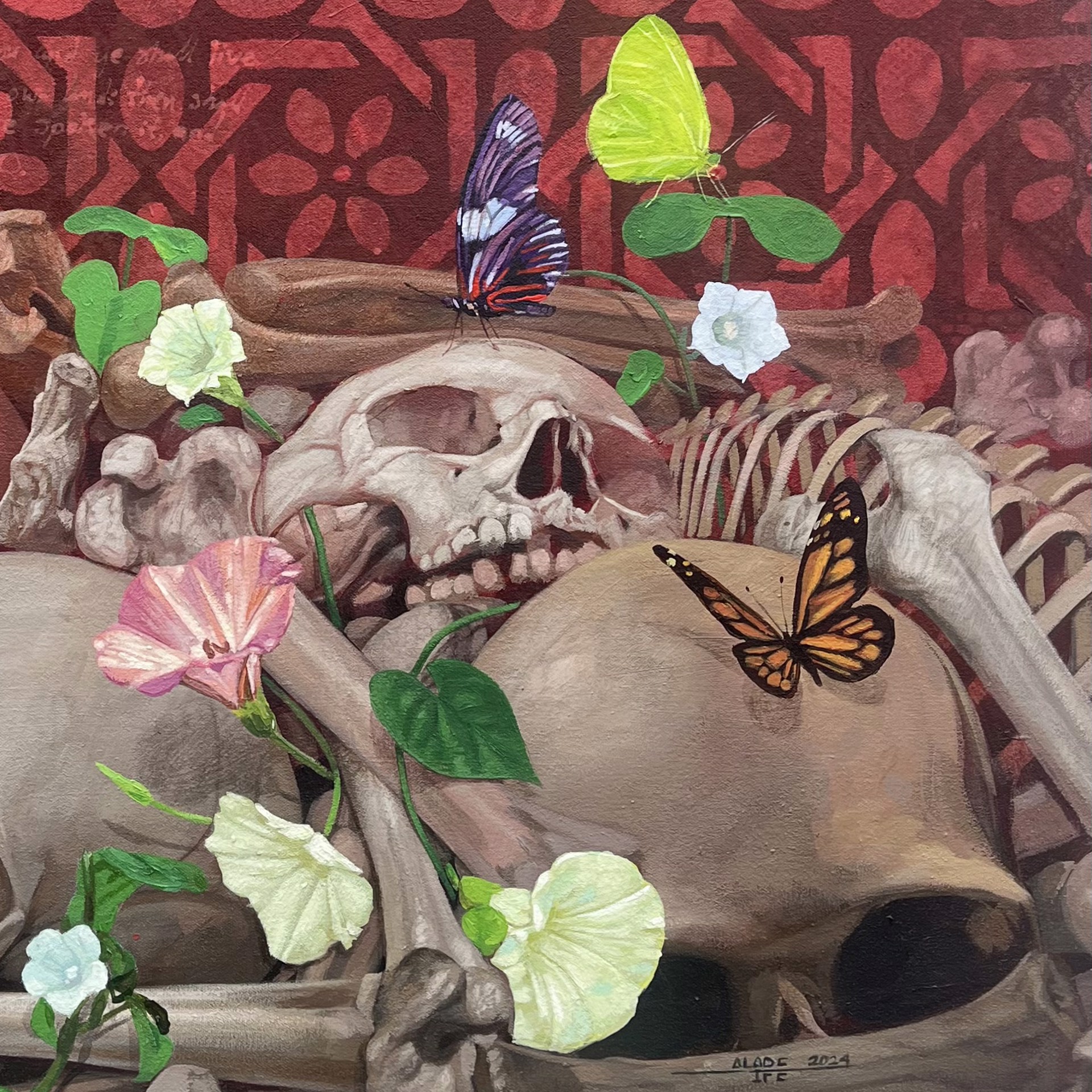 A painting of skulls and flowers with butterflies on them.