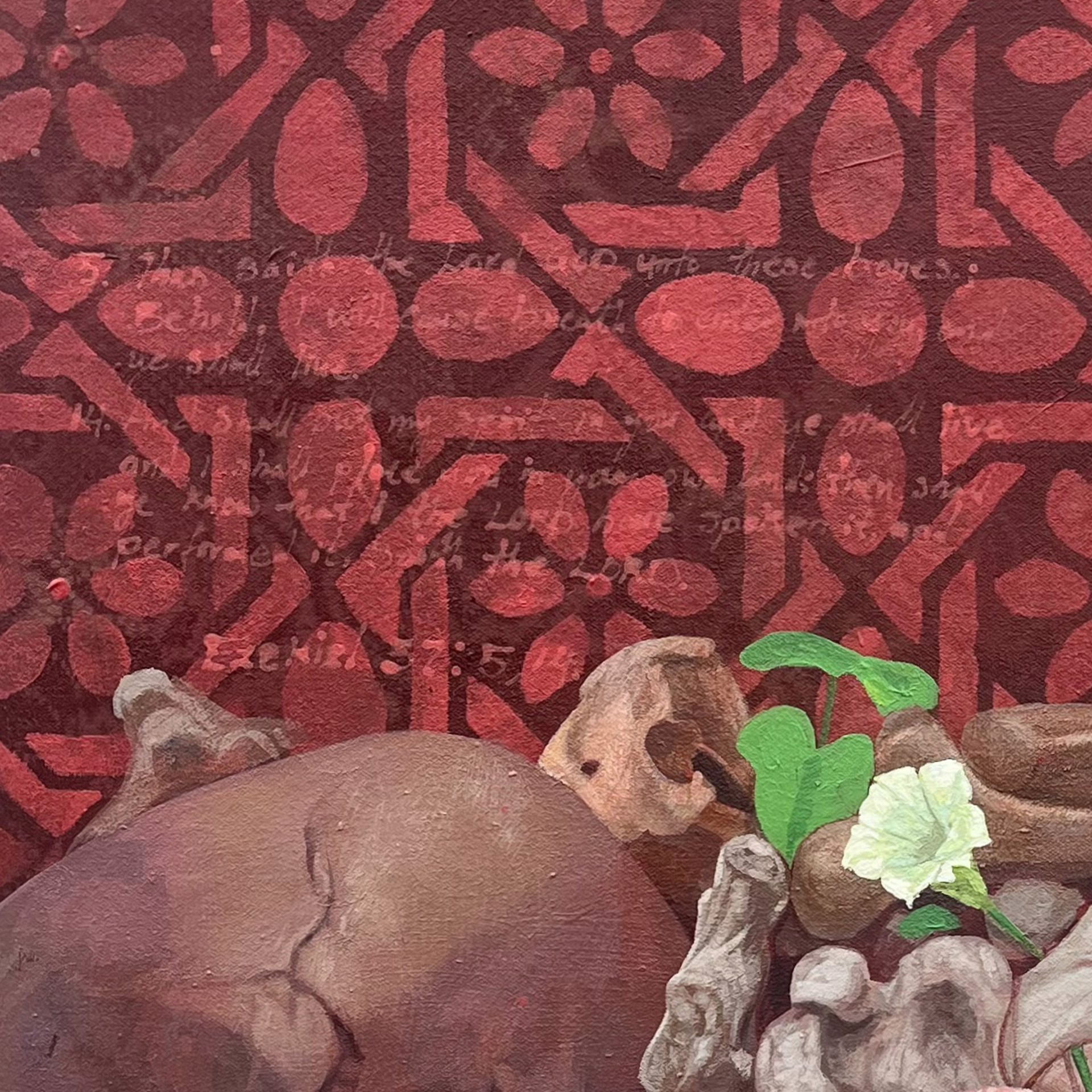 A painting of skulls and flowers with butterflies on them.