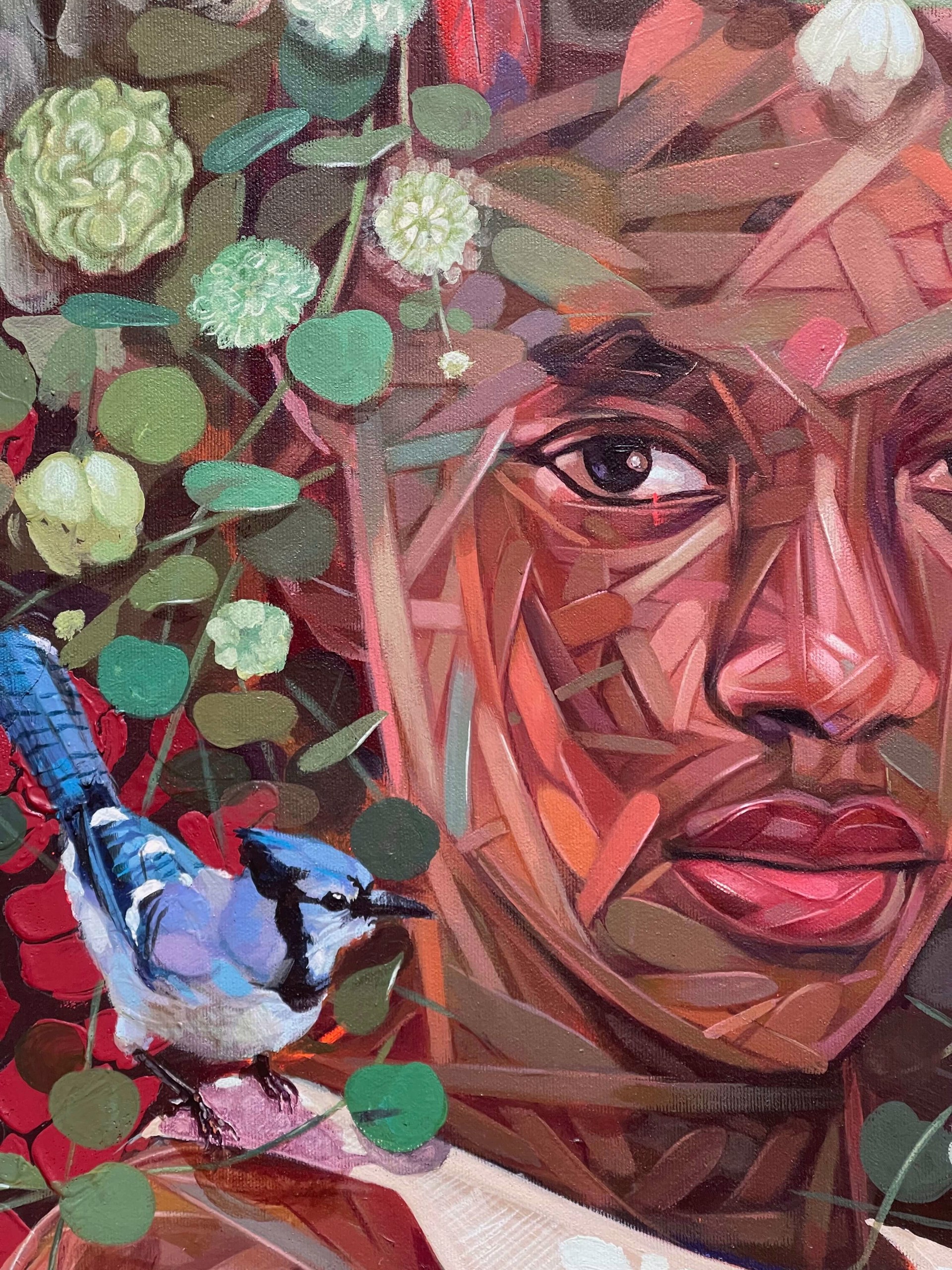 A portrait of a figure with a floral crown and birds, set against a red patterned background.