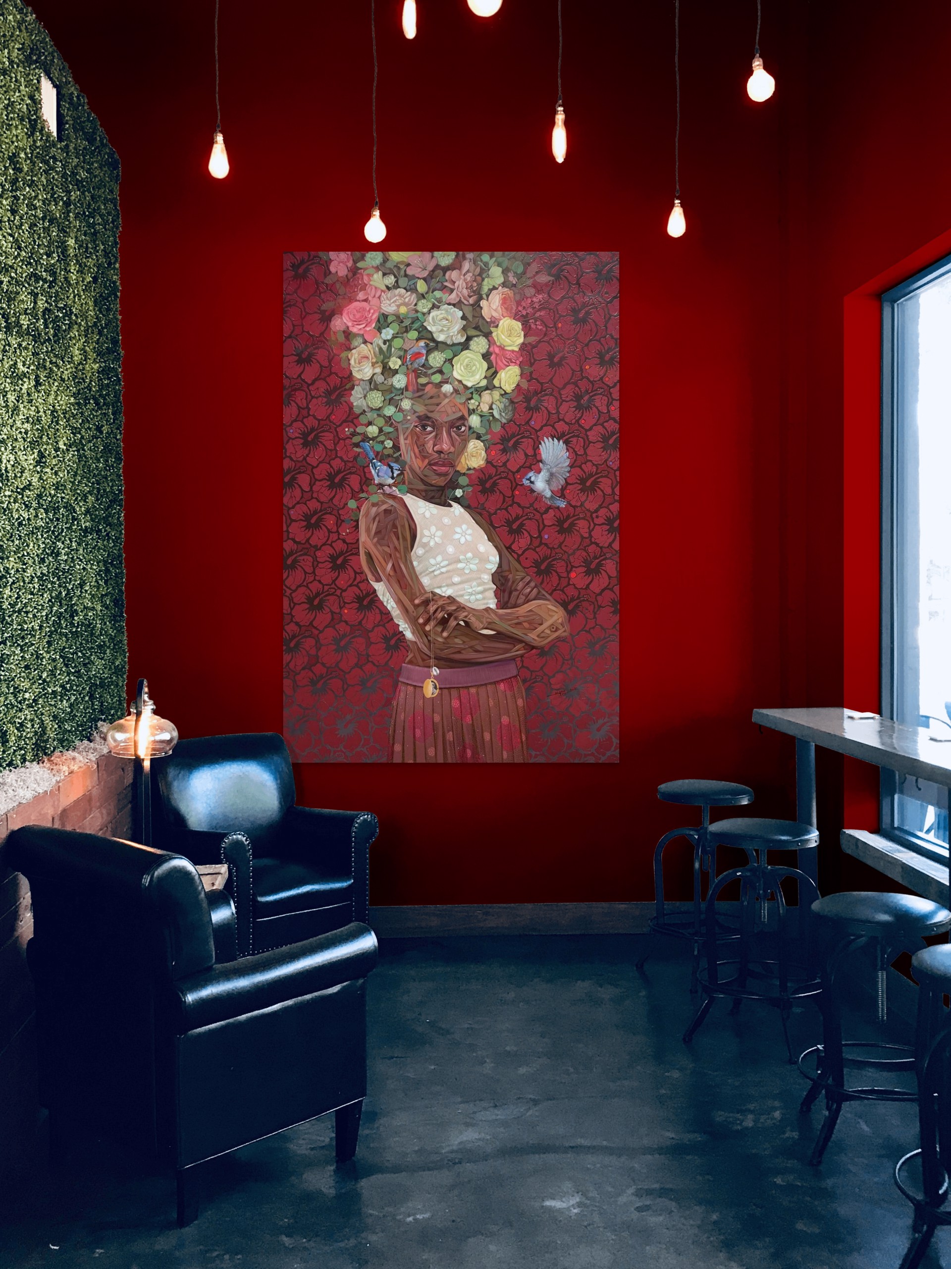 A portrait of a figure with a floral crown and birds, set against a red patterned background.