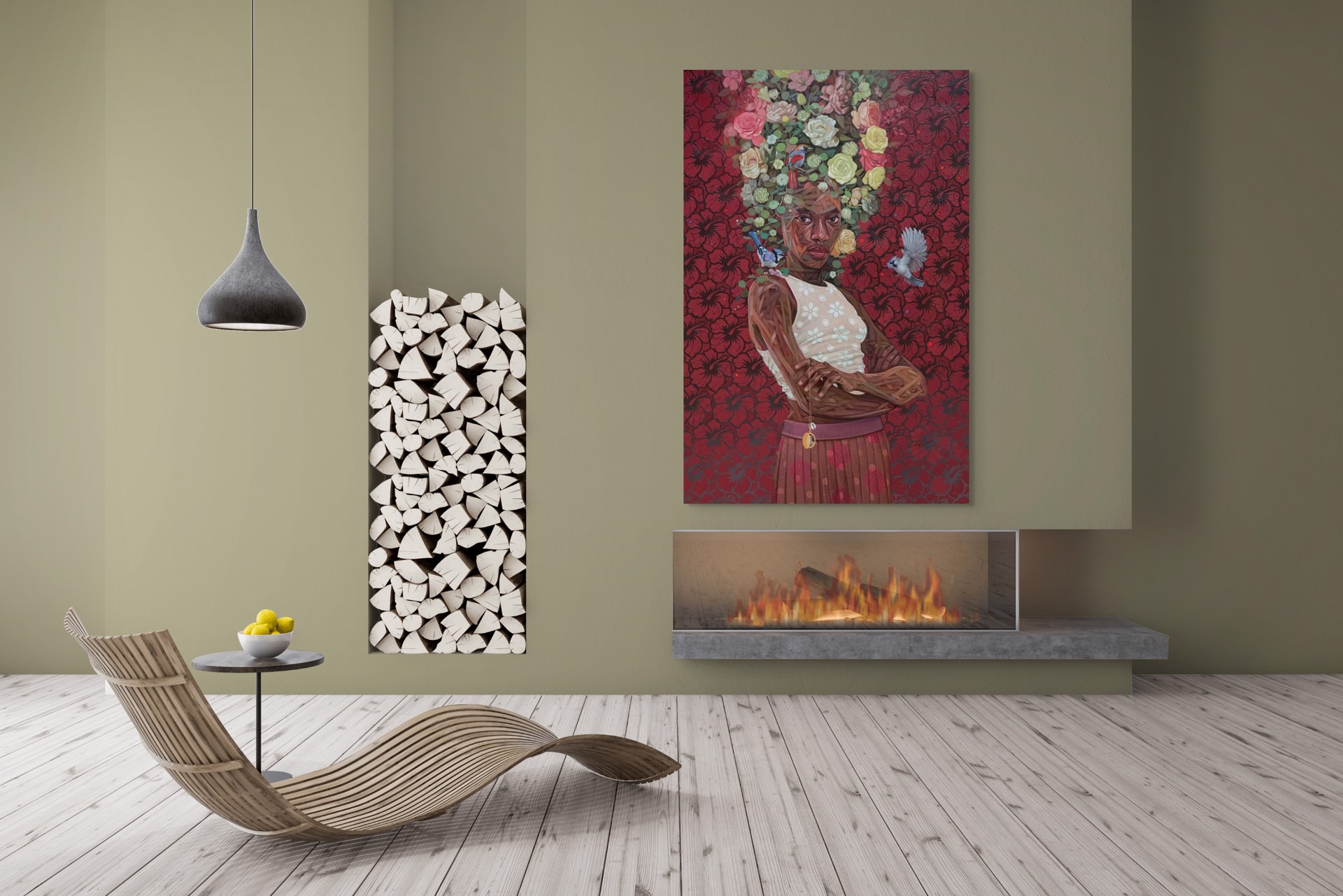 A portrait of a figure with a floral crown and birds, set against a red patterned background.