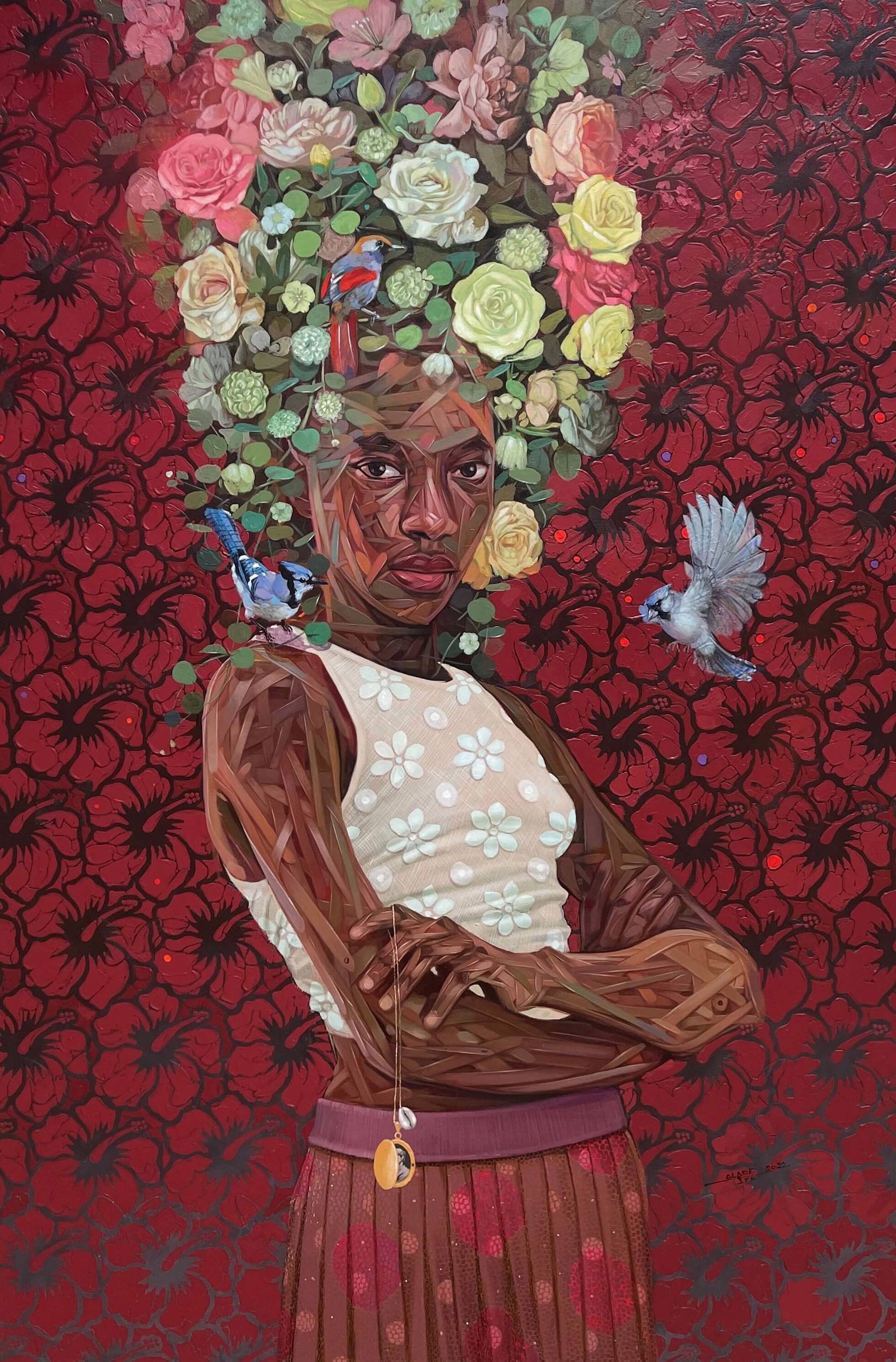 A portrait of a figure with a floral crown and birds, set against a red patterned background.