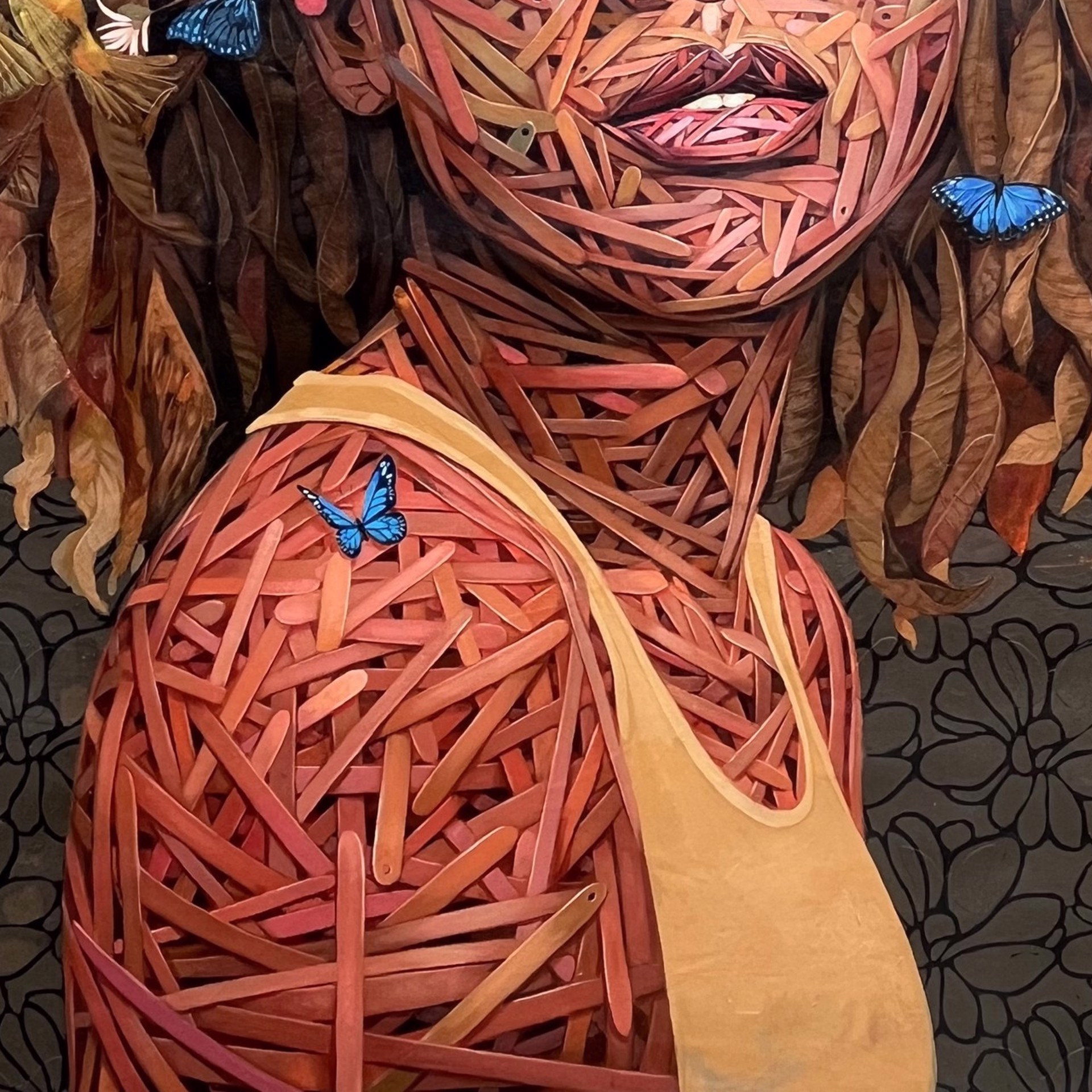 A painting of a woman with flowers and butterflies on her head.