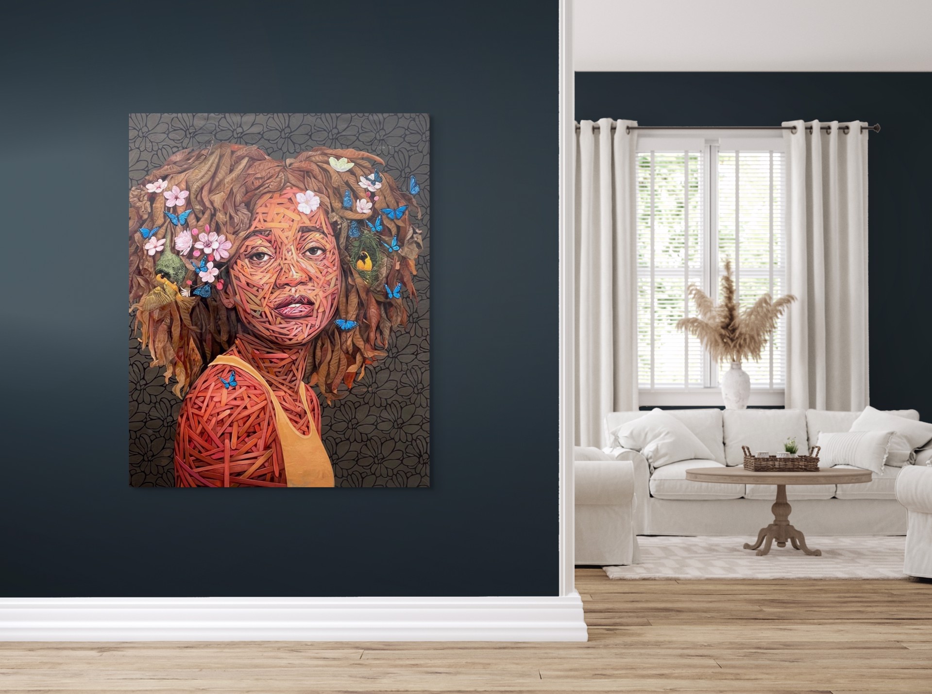 A painting of a woman with flowers and butterflies on her head.