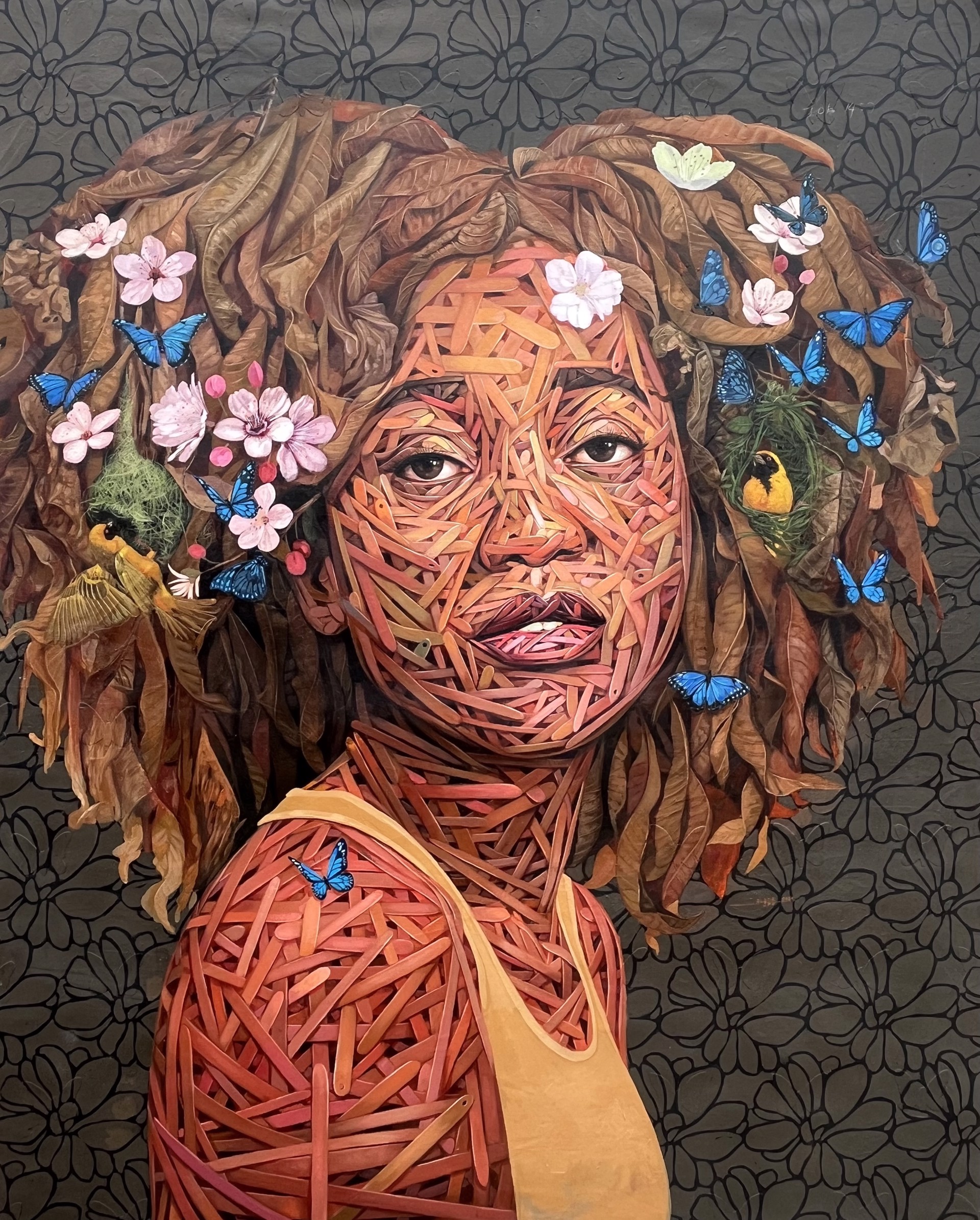 A painting of a woman with flowers and butterflies on her head.