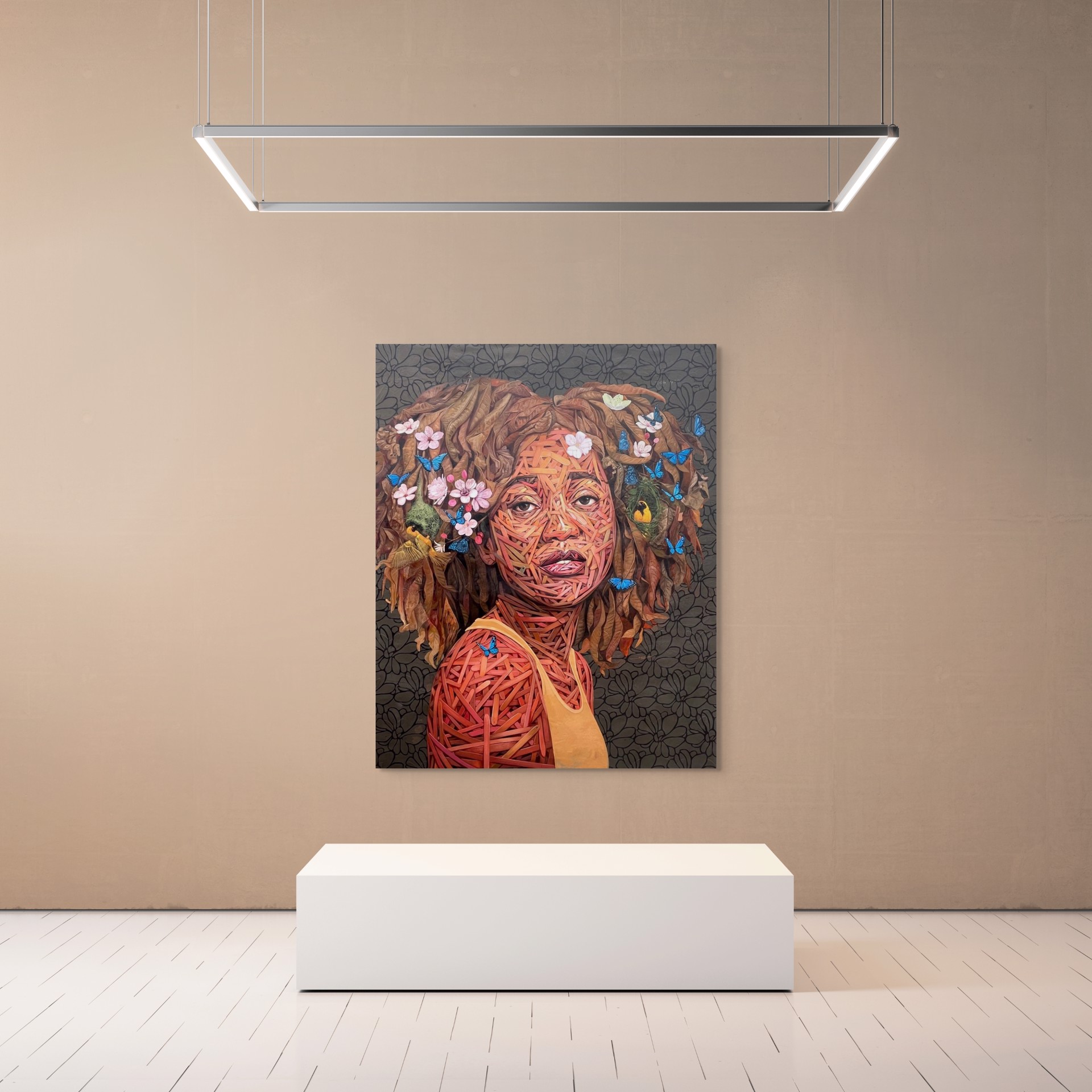 A painting of a woman with flowers and butterflies on her head.