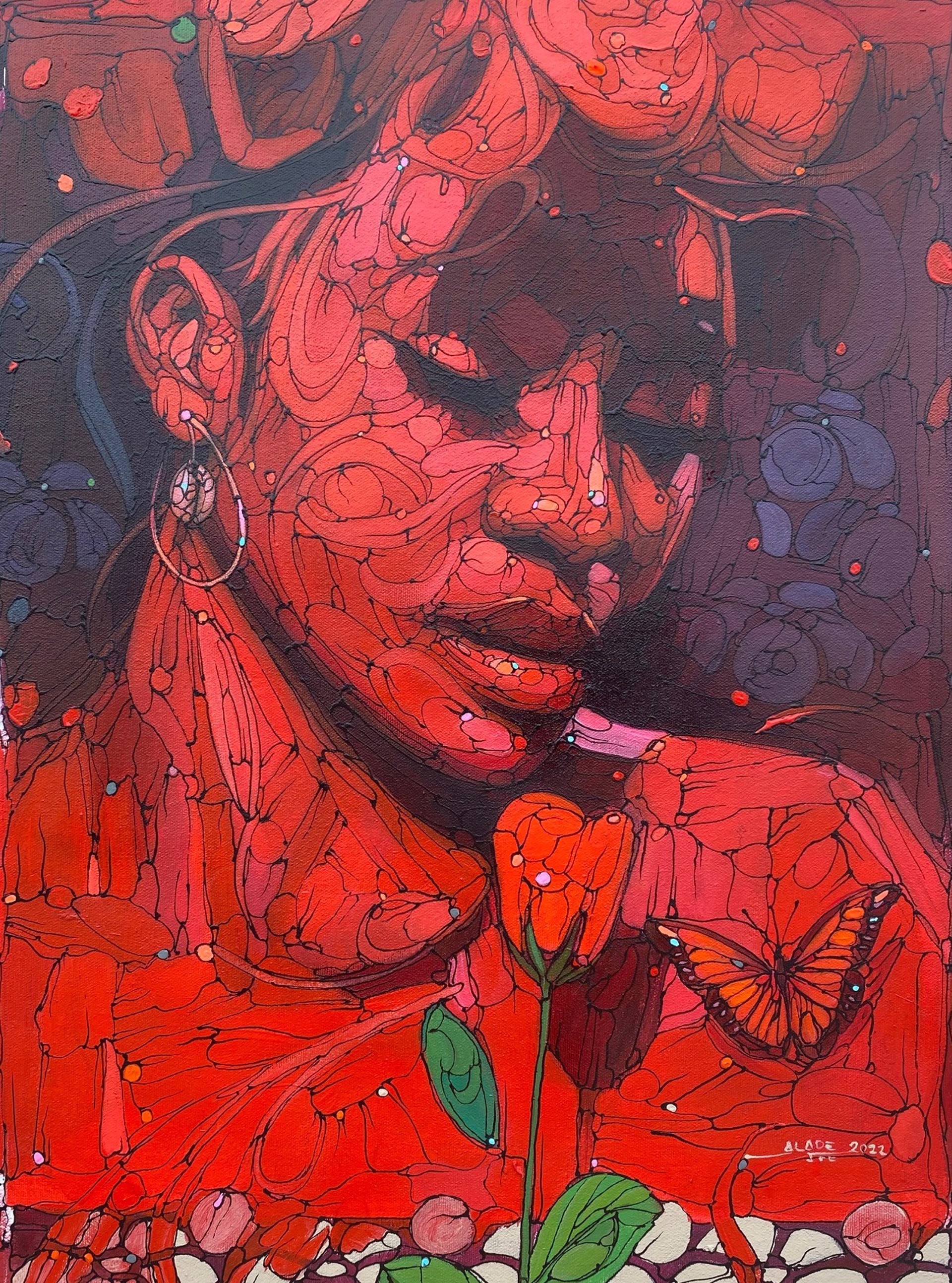 A vividly rendered portrait of a figure in red tones, featuring a butterfly and a flower.