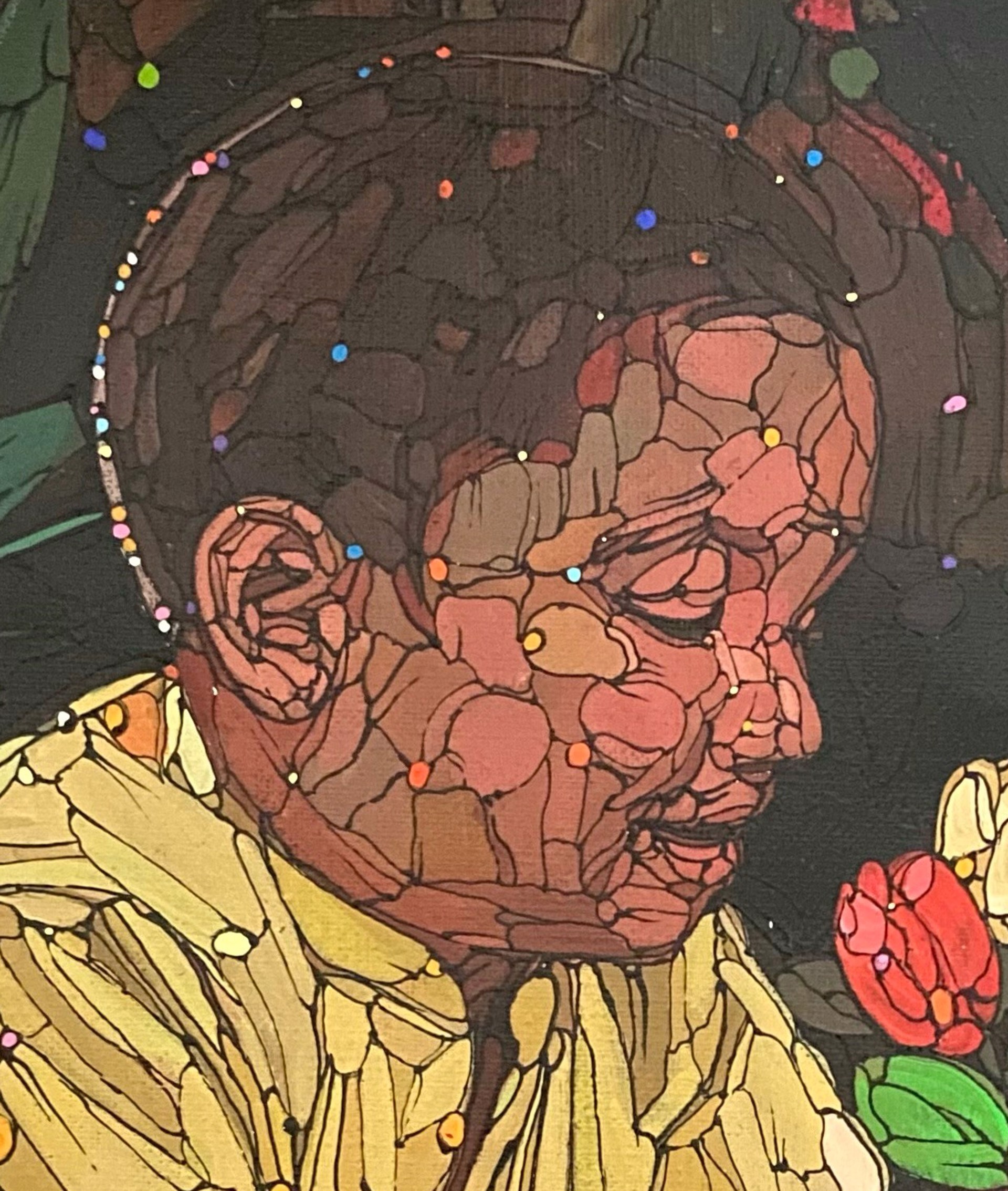 A painting of a boy holding a flower in his hand.