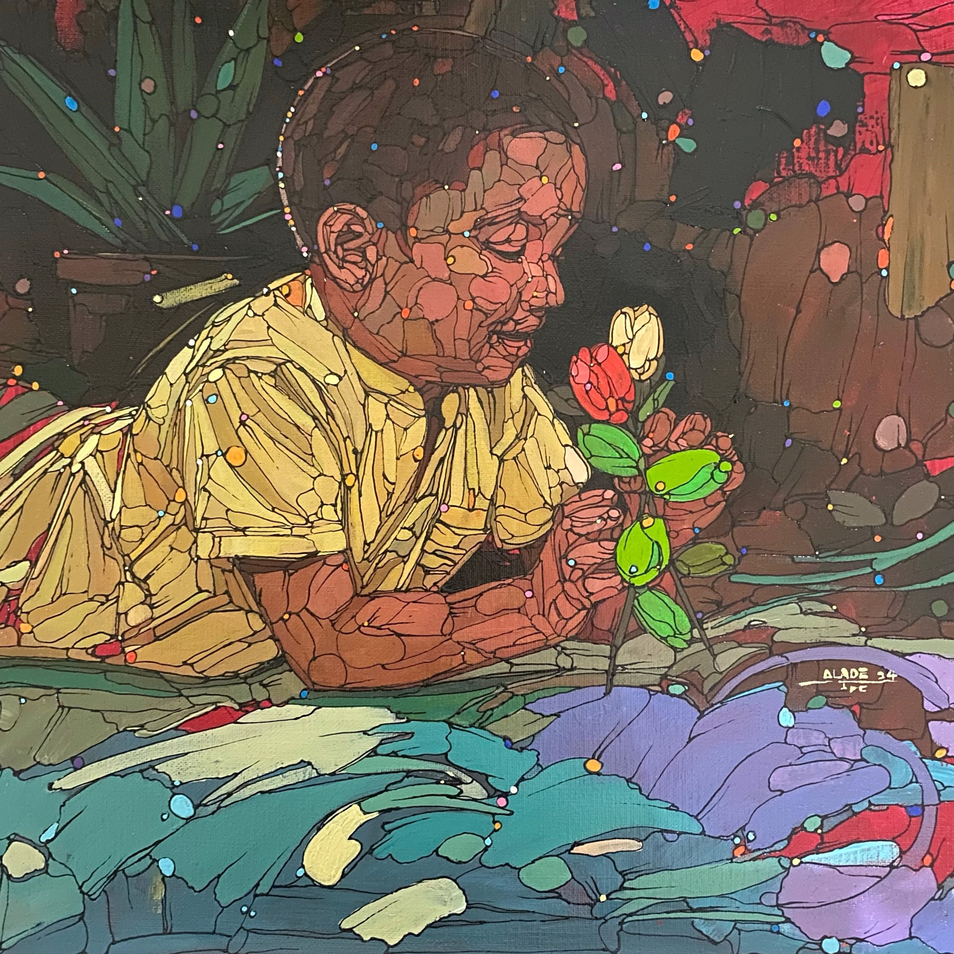A painting of a boy holding a flower in his hand.
