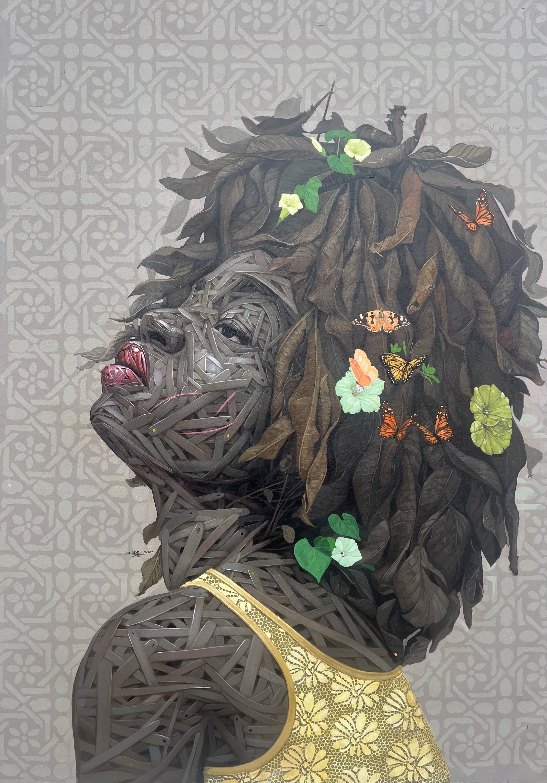 A painting of a woman with flowers and butterflies on her head.