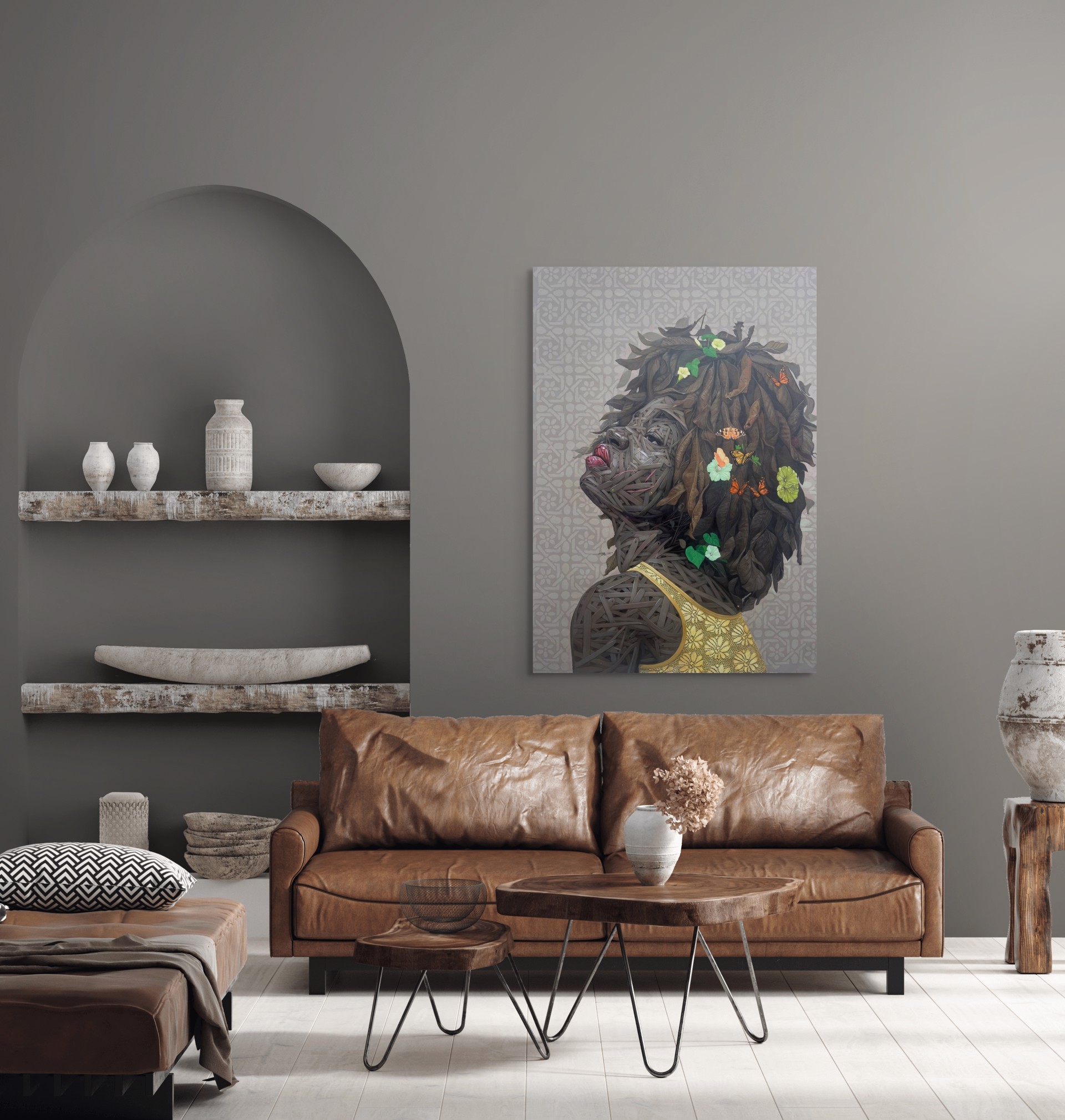 A painting of a woman with flowers and butterflies on her head.