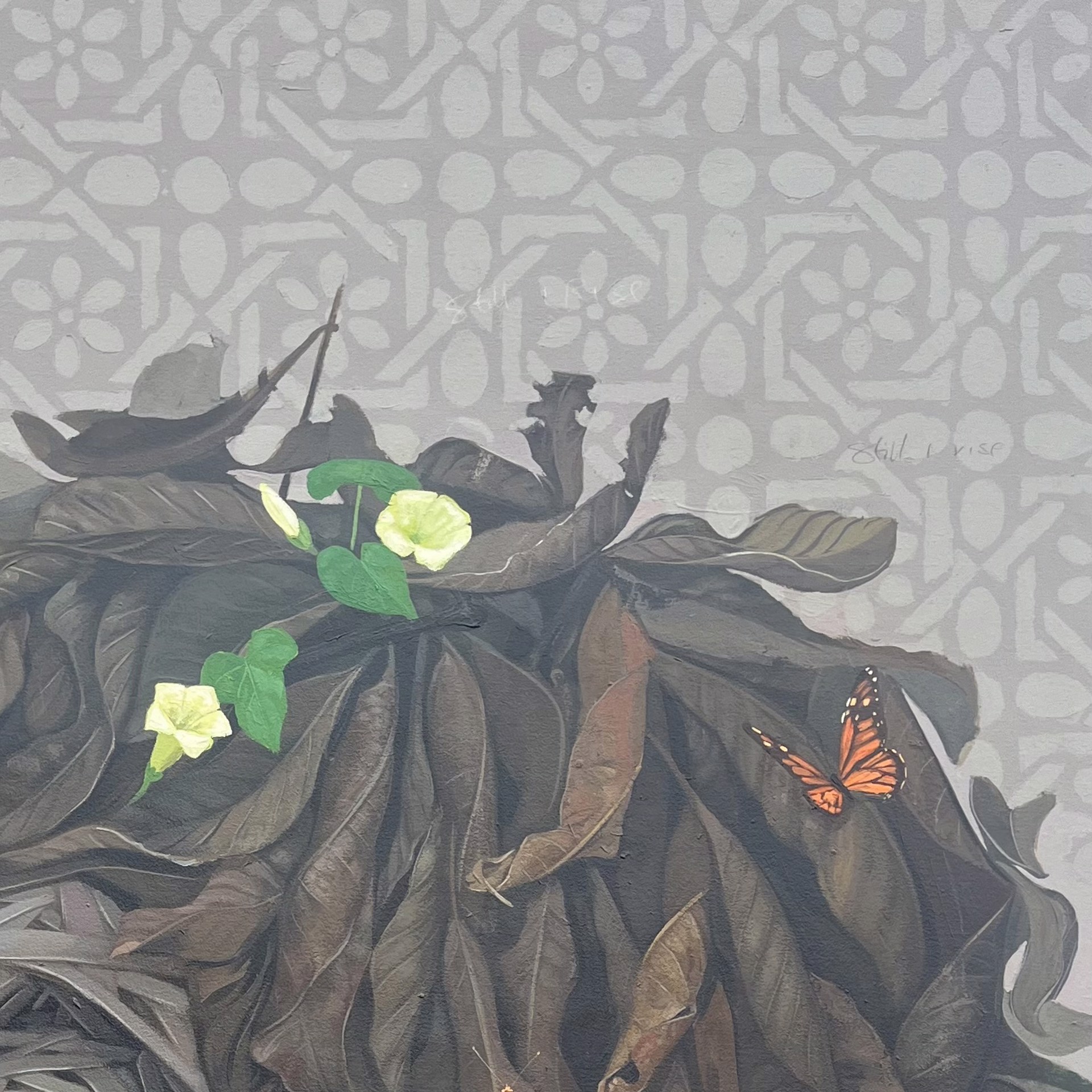 A painting of a woman with flowers and butterflies on her head.