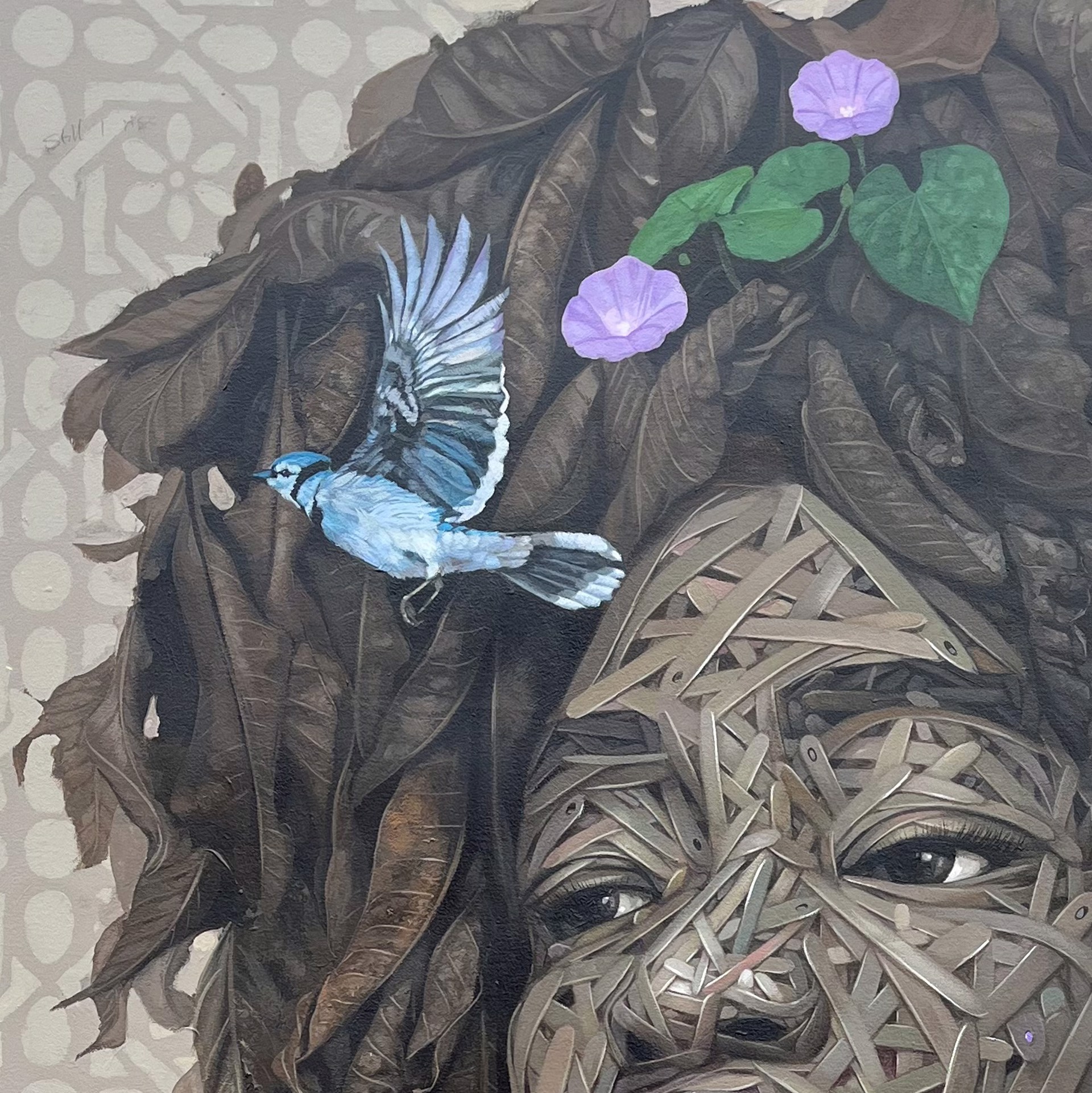 A painting of a woman with a bird on her head.