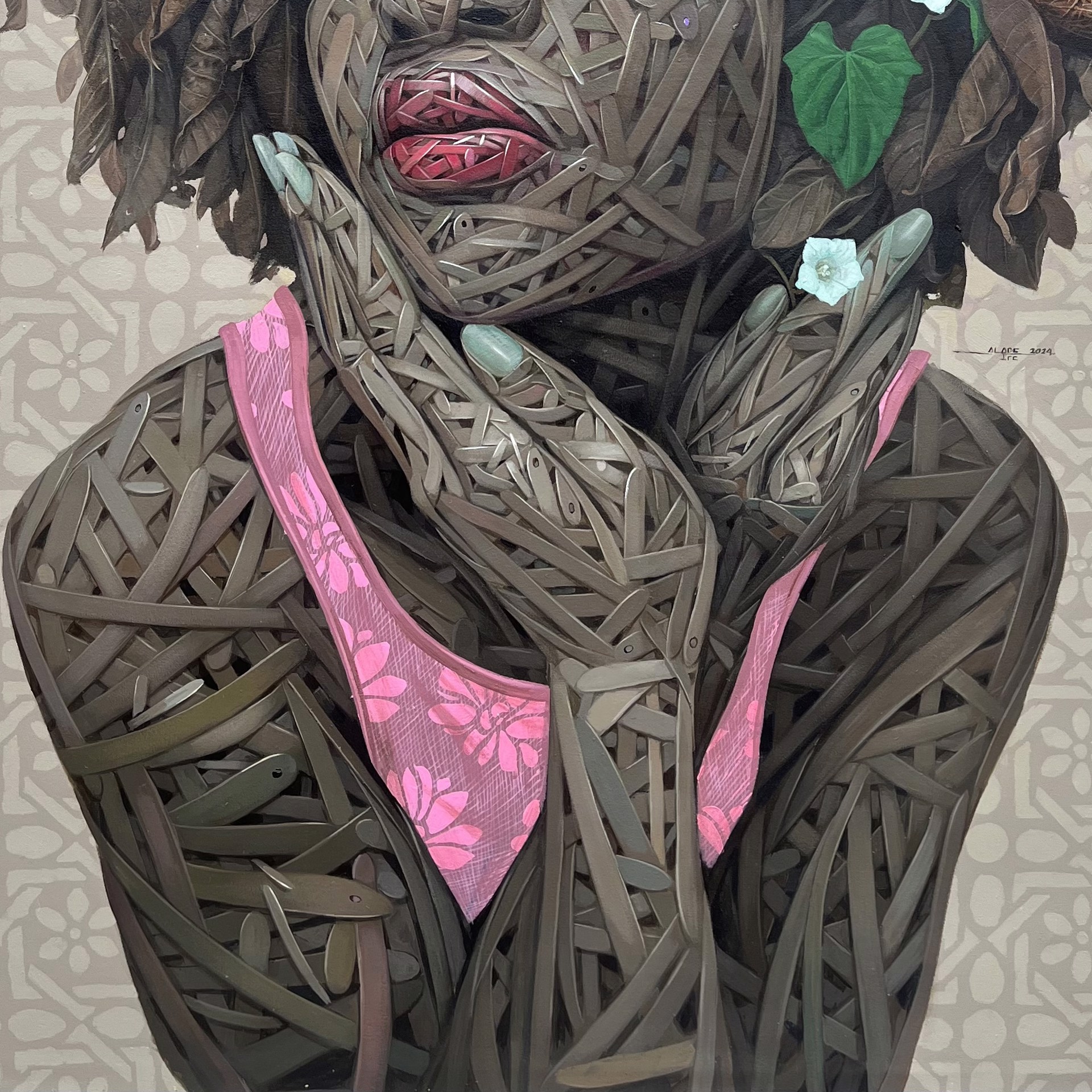 A painting of a woman with a bird on her head.