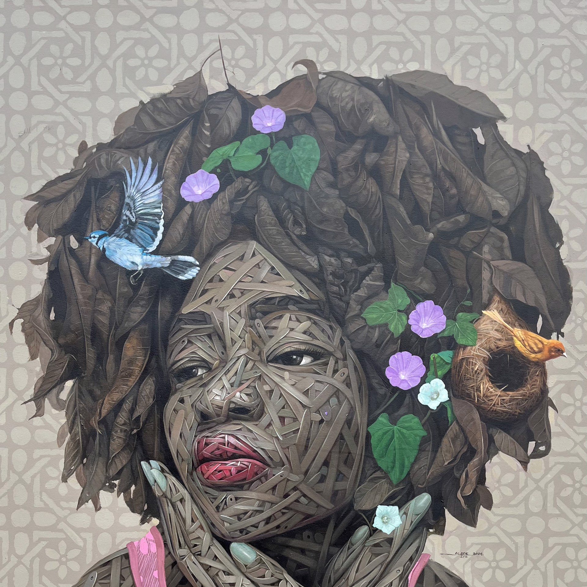 A painting of a woman with a bird on her head.