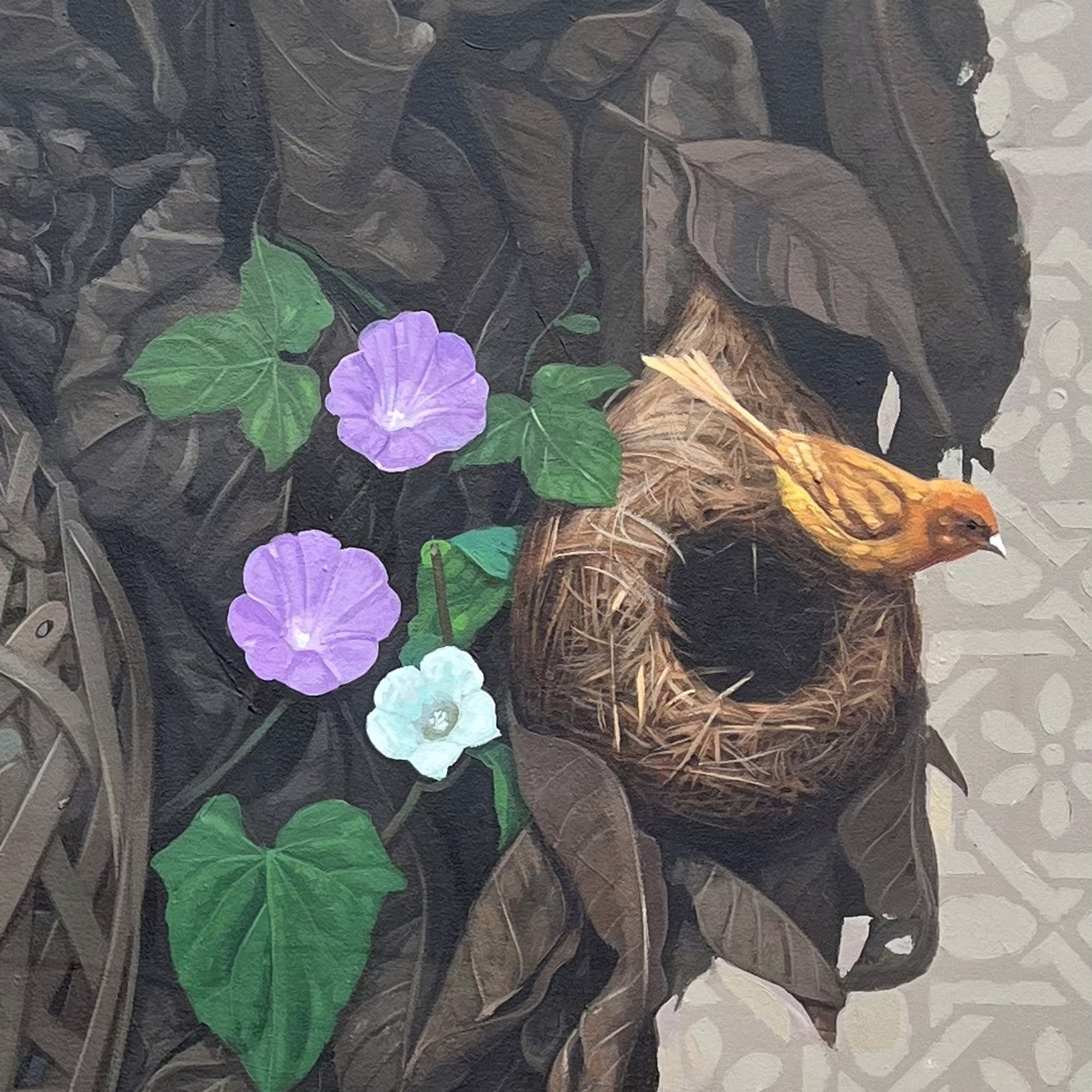 A painting of a woman with a bird on her head.