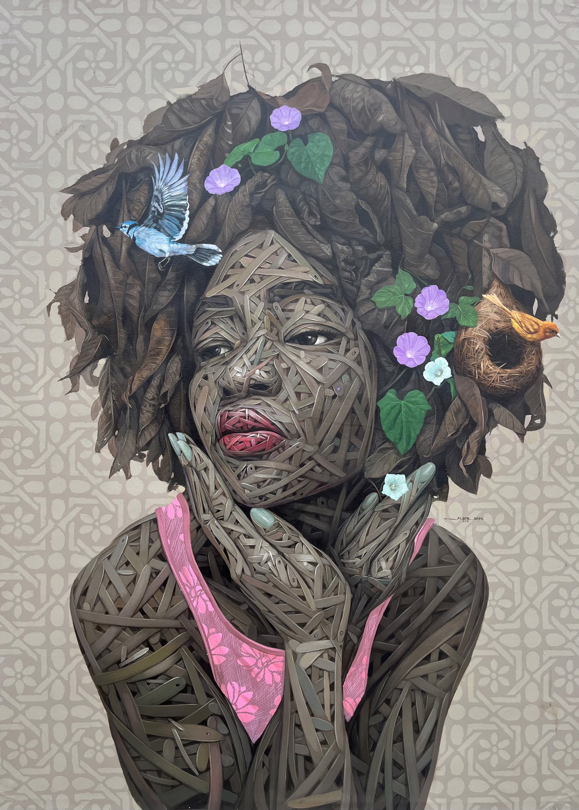 A painting of a woman with a bird on her head.