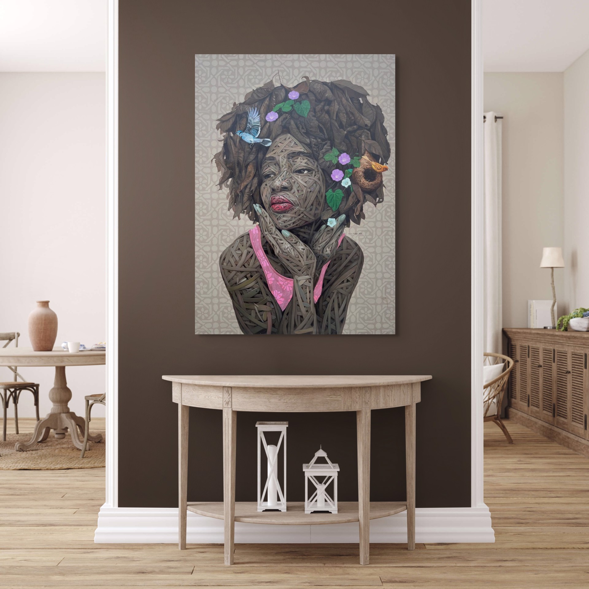 A painting of a woman with a bird on her head.