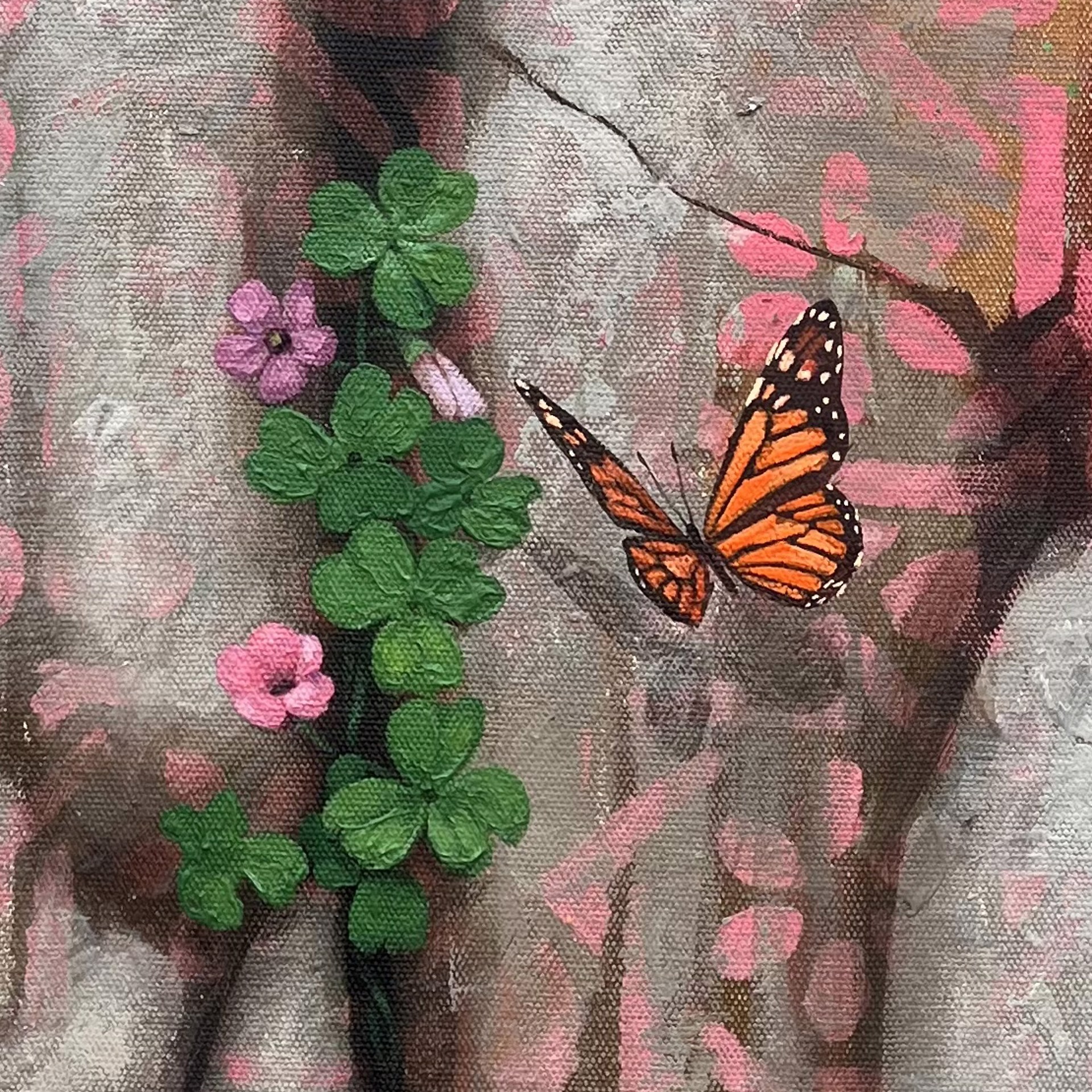 A painting of two butterflies sitting on a rock wall.