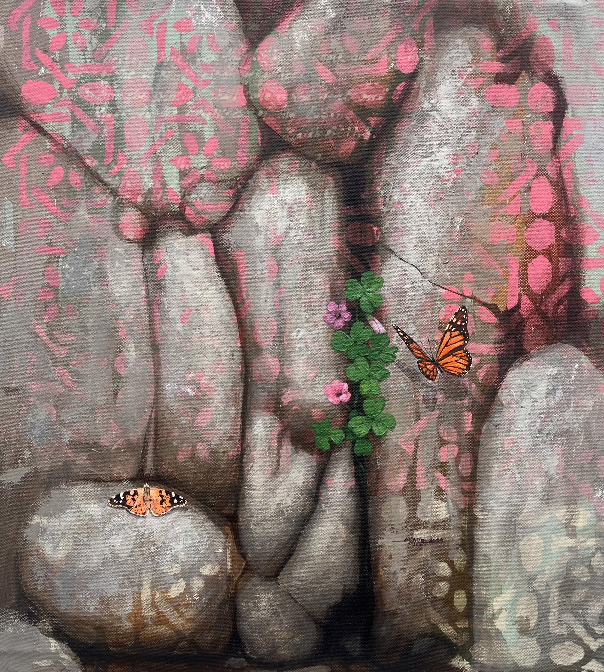 A painting of two butterflies sitting on a rock wall.