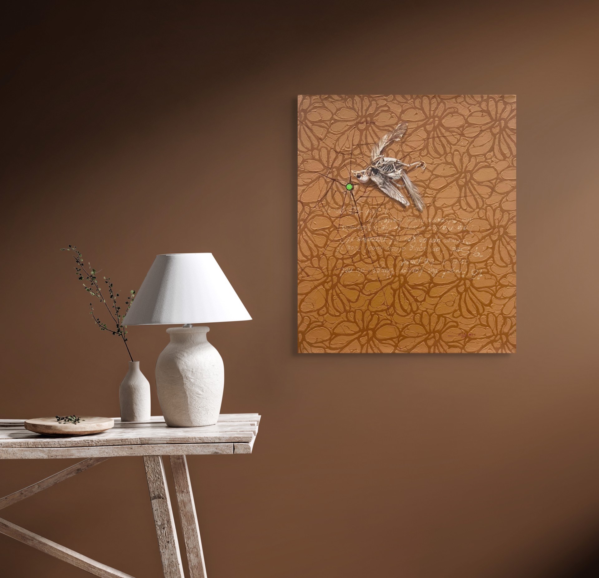 A drawing of a spider on a brown background.