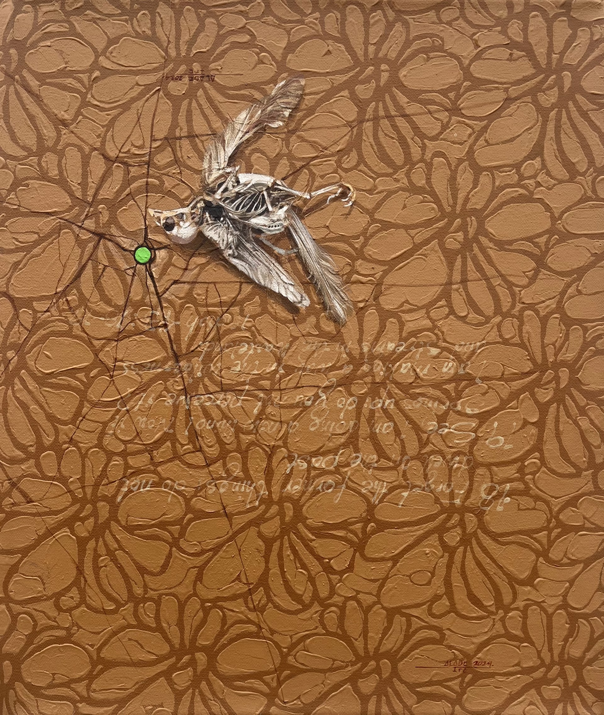 A drawing of a spider on a brown background.