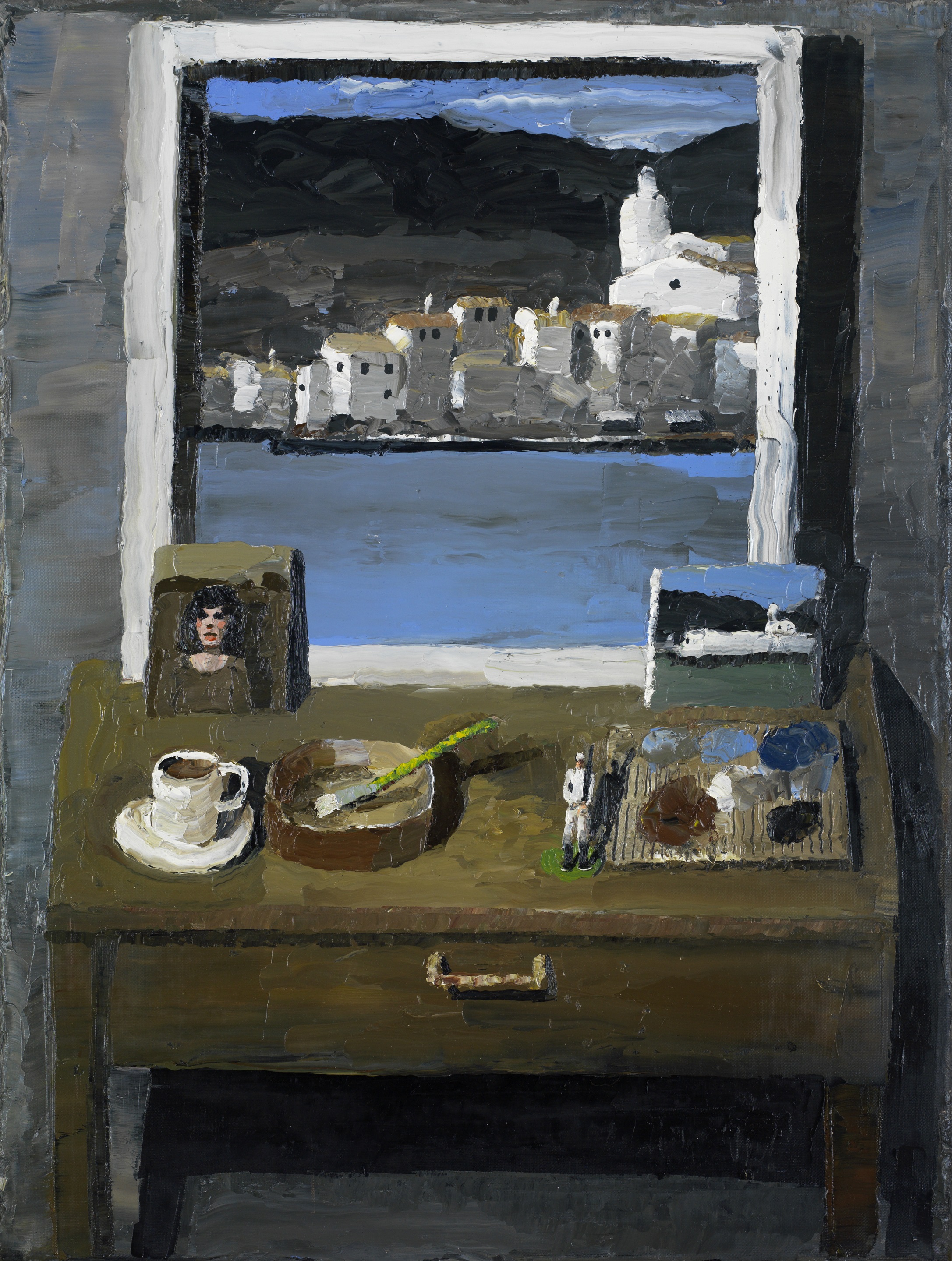 A painting of a table with a cup of coffee on it.