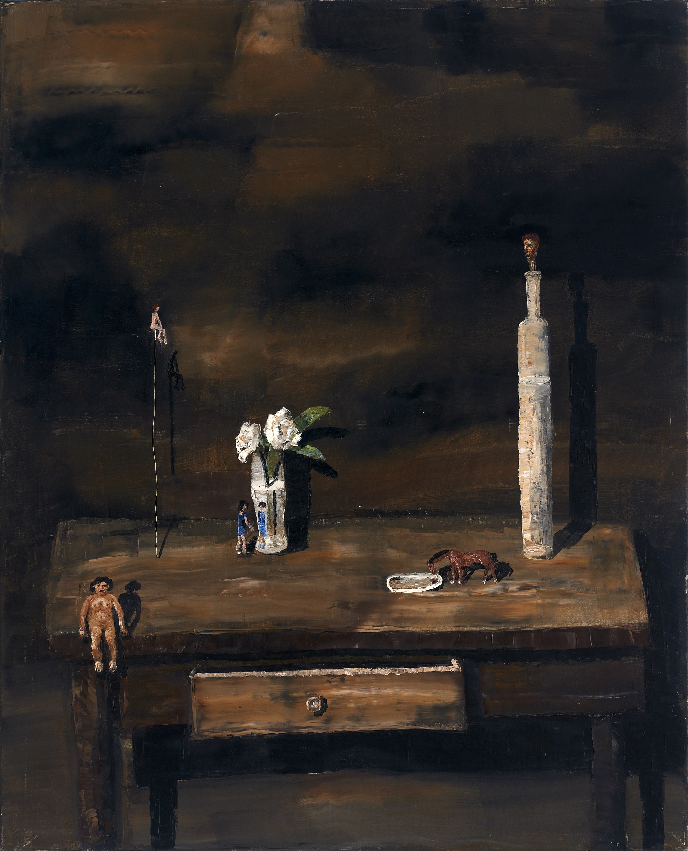 A painting of a table with a vase of flowers on it.