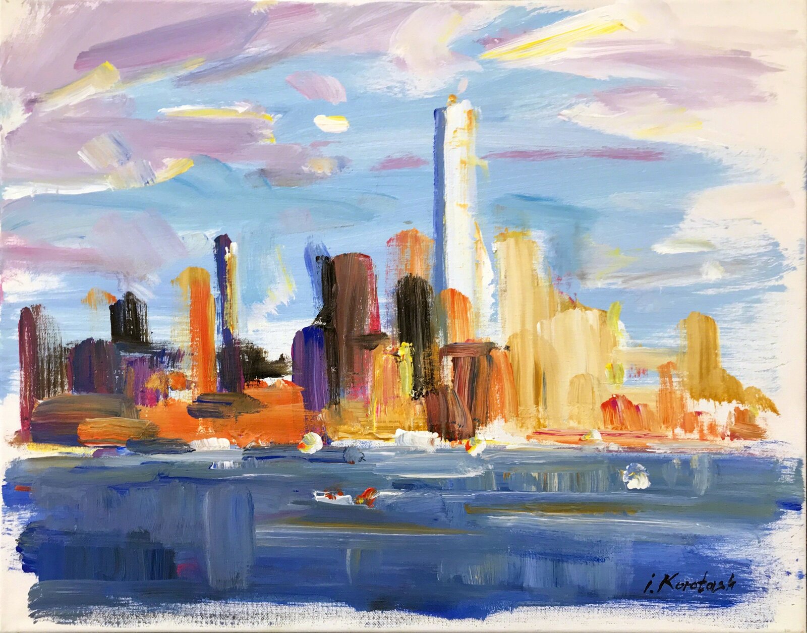 A painting of a city skyline on a canvas.